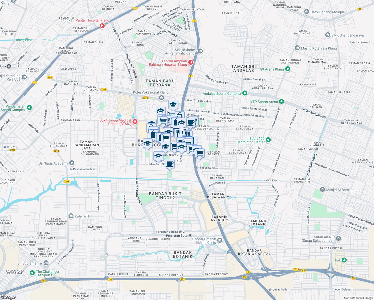 map of restaurants, bars, coffee shops, grocery stores, and more near Jalan Batu Nilam 15 in Klang