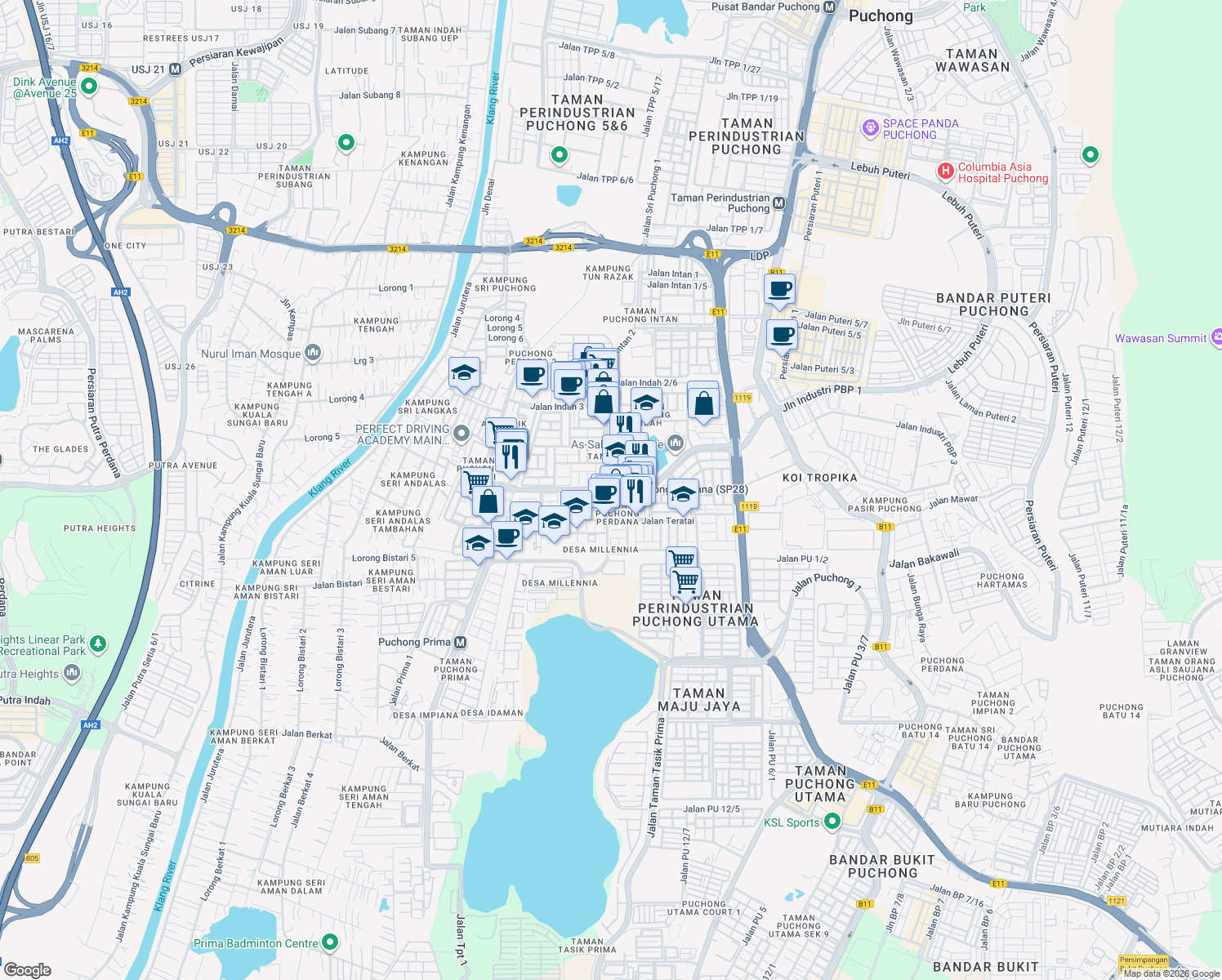 map of restaurants, bars, coffee shops, grocery stores, and more near Persiaran Puchong Perdana in Puchong