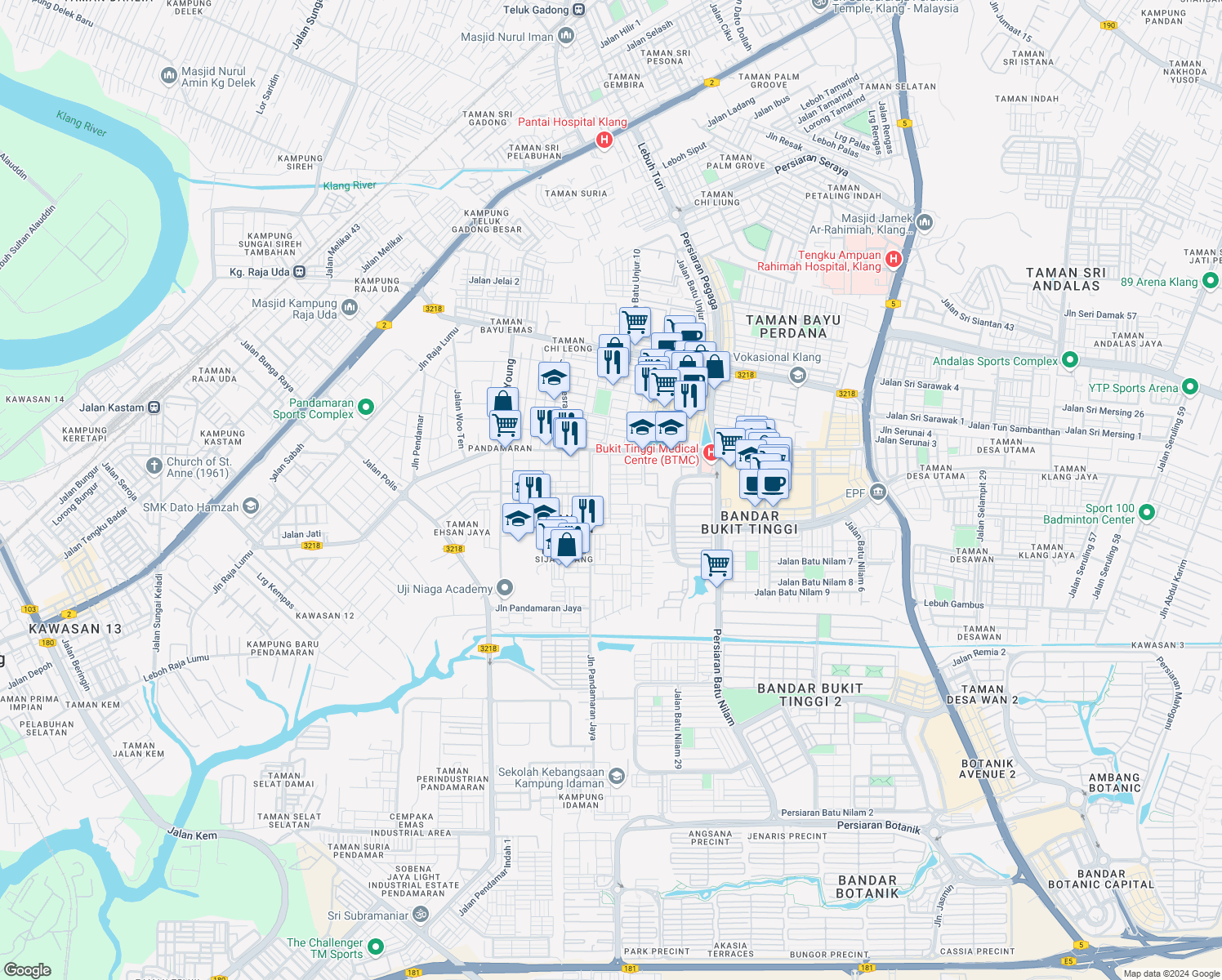 map of restaurants, bars, coffee shops, grocery stores, and more near Jalan Batu Nilam 15 in Klang