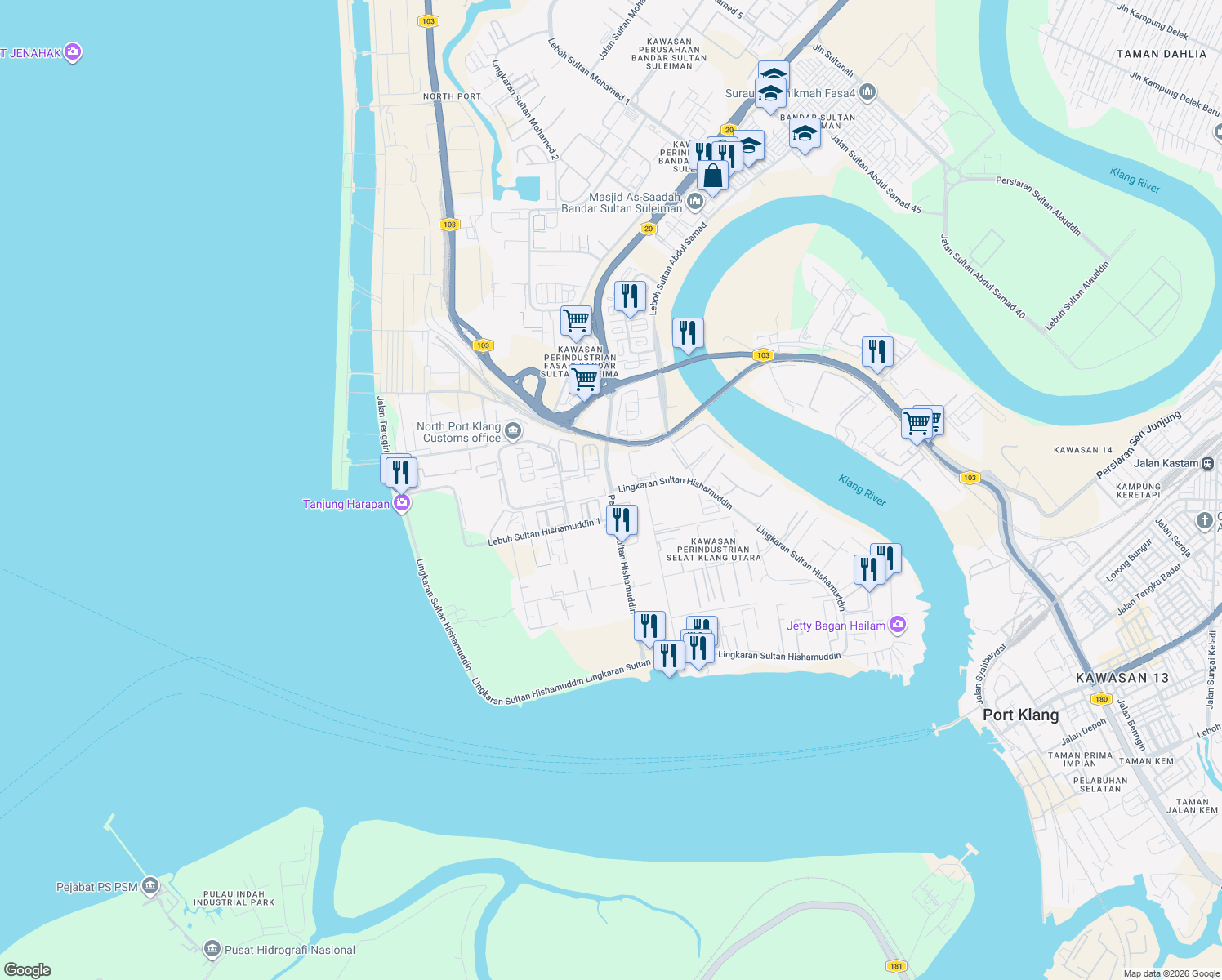 map of restaurants, bars, coffee shops, grocery stores, and more near Lingkaran Sultan Hishamuddin in Port Klang