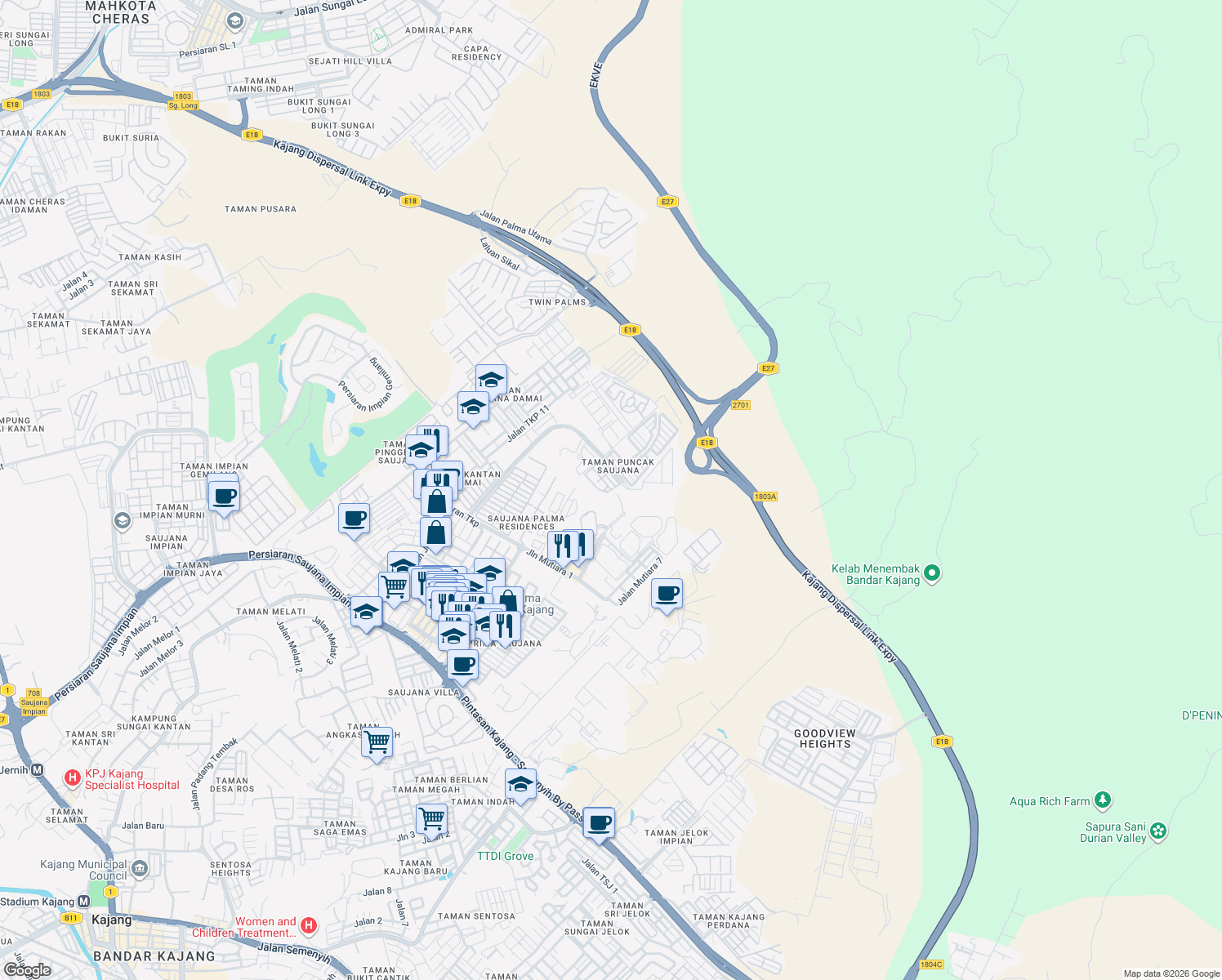 map of restaurants, bars, coffee shops, grocery stores, and more near Taman Puncak Saujana Seksyen 6 in Kajang