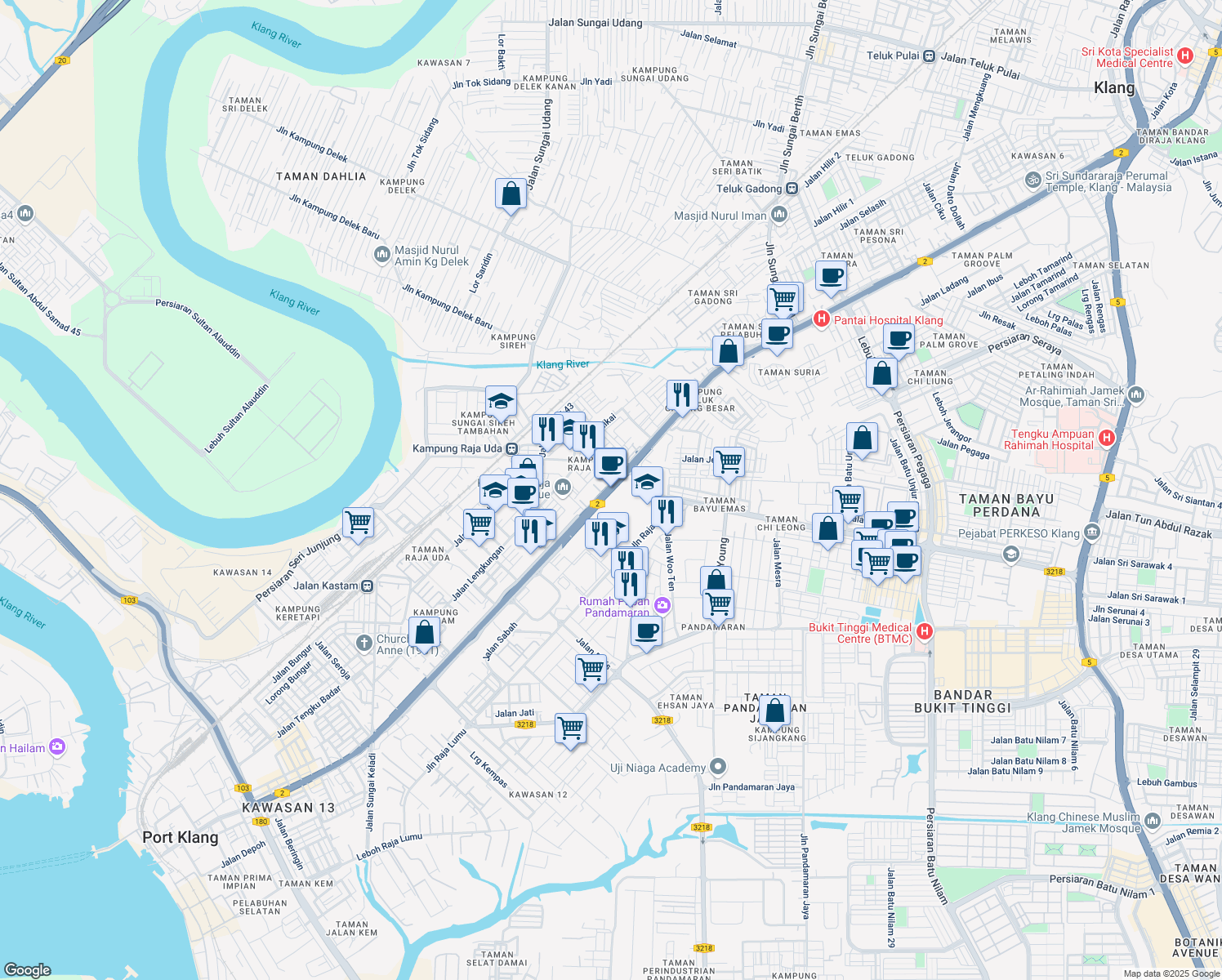 map of restaurants, bars, coffee shops, grocery stores, and more near Persiaran Raja Muda Musa in Klang