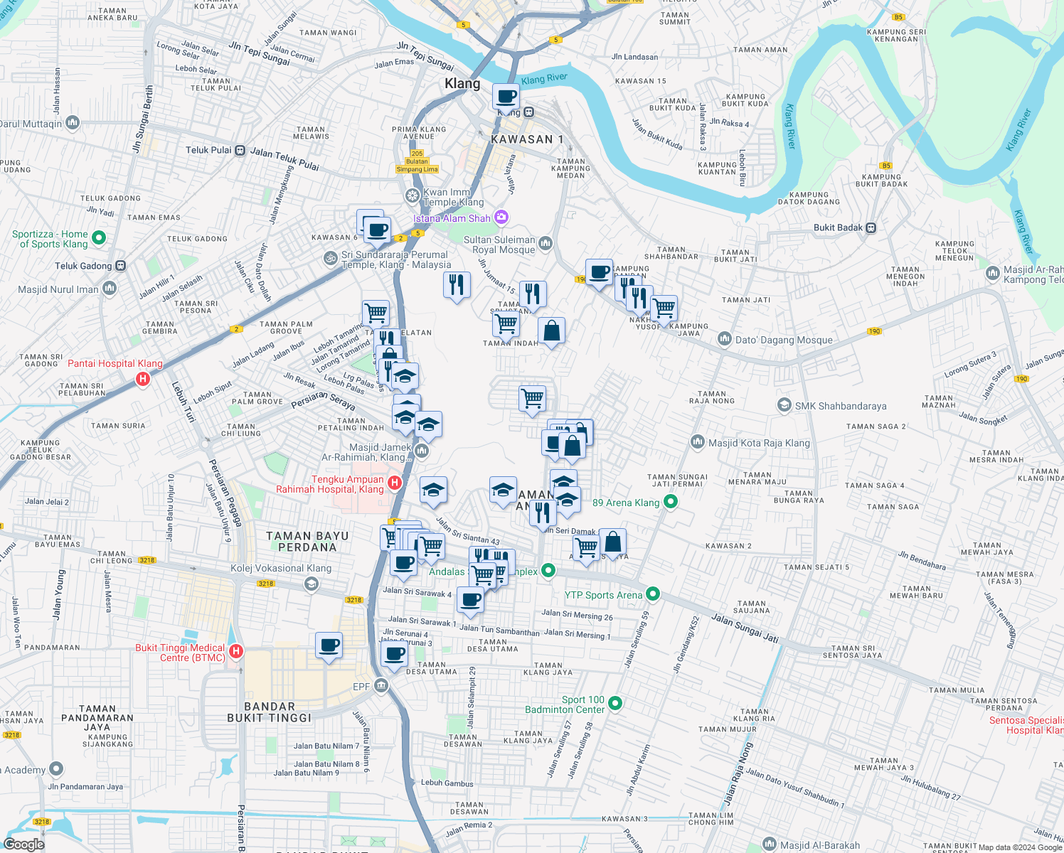 map of restaurants, bars, coffee shops, grocery stores, and more near Lorong Seri Sedeli 7b in Klang