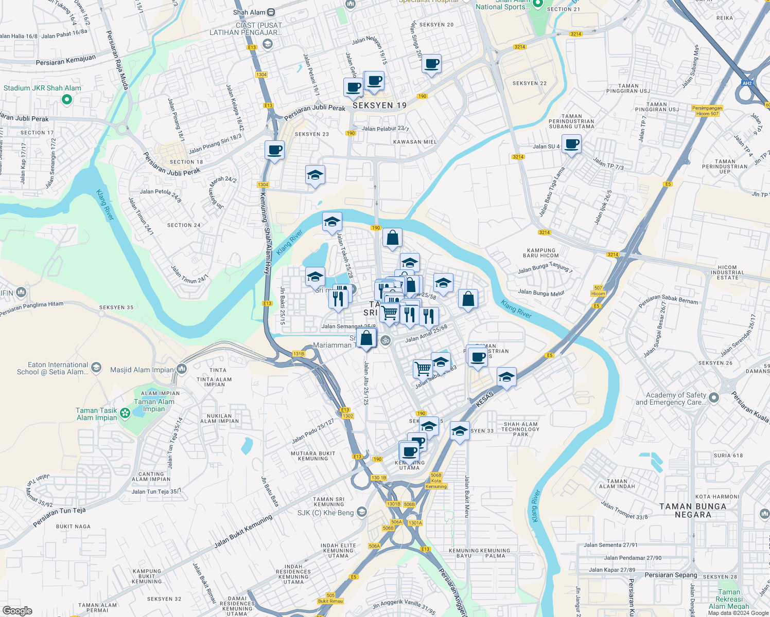 map of restaurants, bars, coffee shops, grocery stores, and more near in Shah Alam
