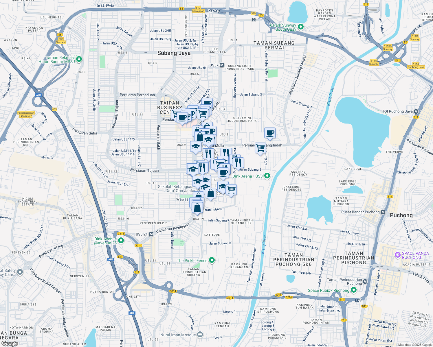 map of restaurants, bars, coffee shops, grocery stores, and more near Persiaran Mulia in Subang Jaya