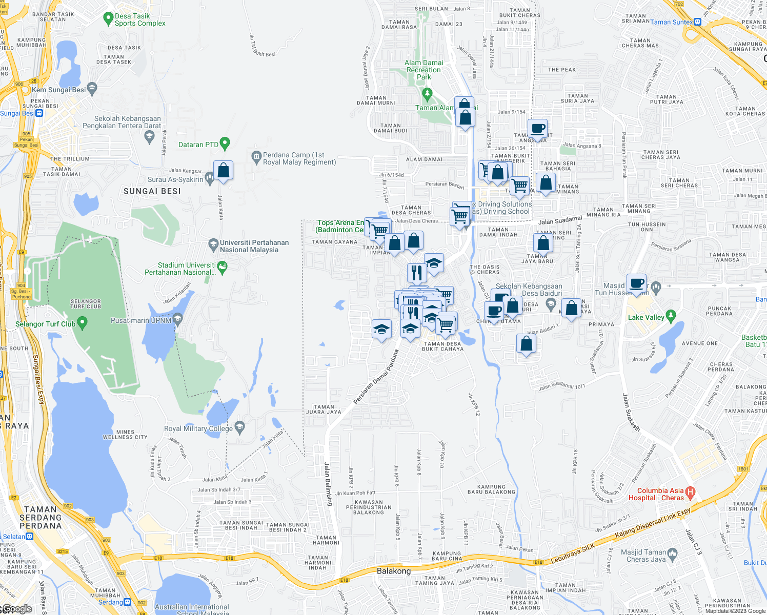 map of restaurants, bars, coffee shops, grocery stores, and more near Jalan Damai Impian 3 in Kuala Lumpur