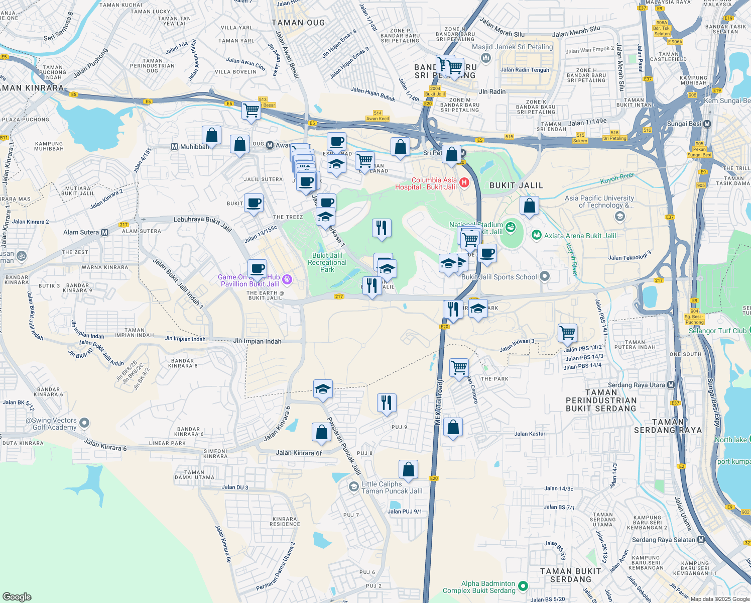 map of restaurants, bars, coffee shops, grocery stores, and more near Bukit Jalil Highway in Kuala Lumpur