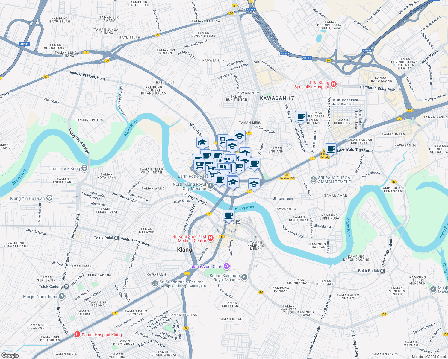 map of restaurants, bars, coffee shops, grocery stores, and more near Jalan Taiping in Klang