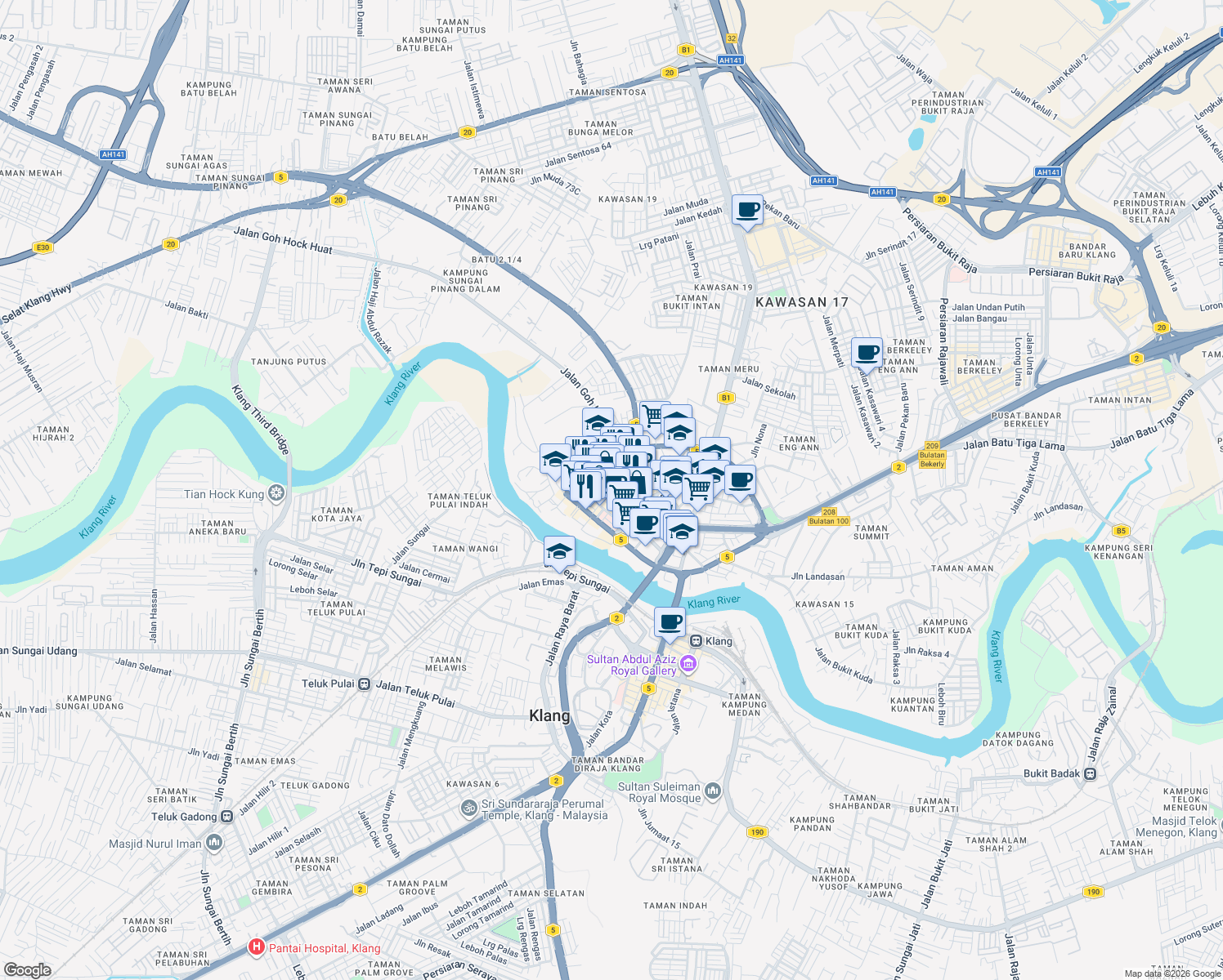 map of restaurants, bars, coffee shops, grocery stores, and more near Jalan Temoh in Klang