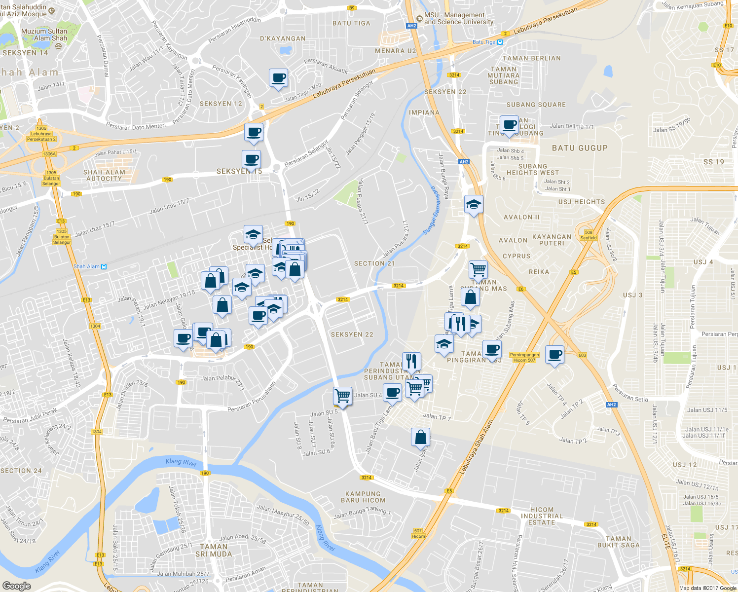 map of restaurants, bars, coffee shops, grocery stores, and more near Jalan 22/1 in Shah Alam