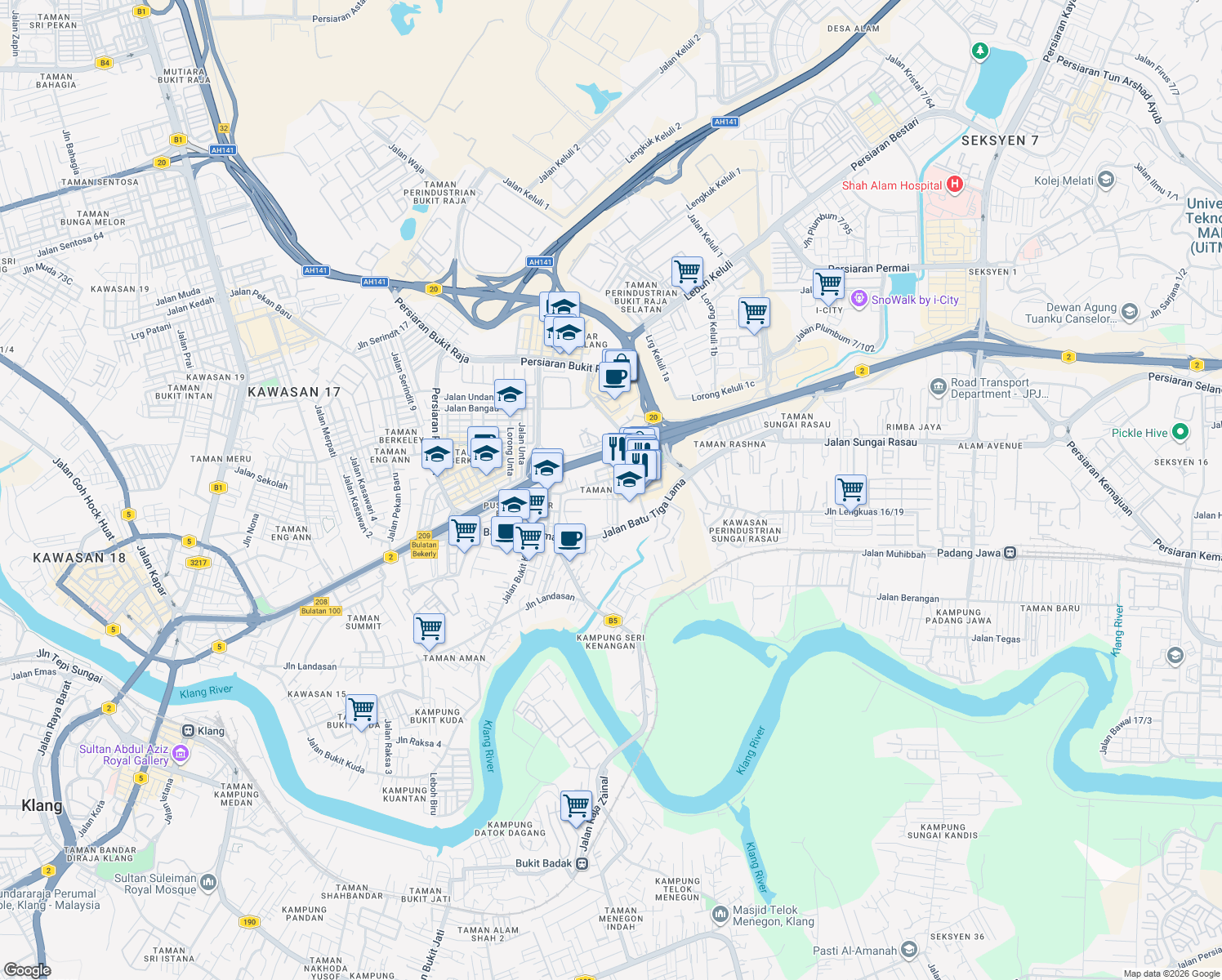 map of restaurants, bars, coffee shops, grocery stores, and more near 1-27 Jalan Batai Laut 5 in Klang
