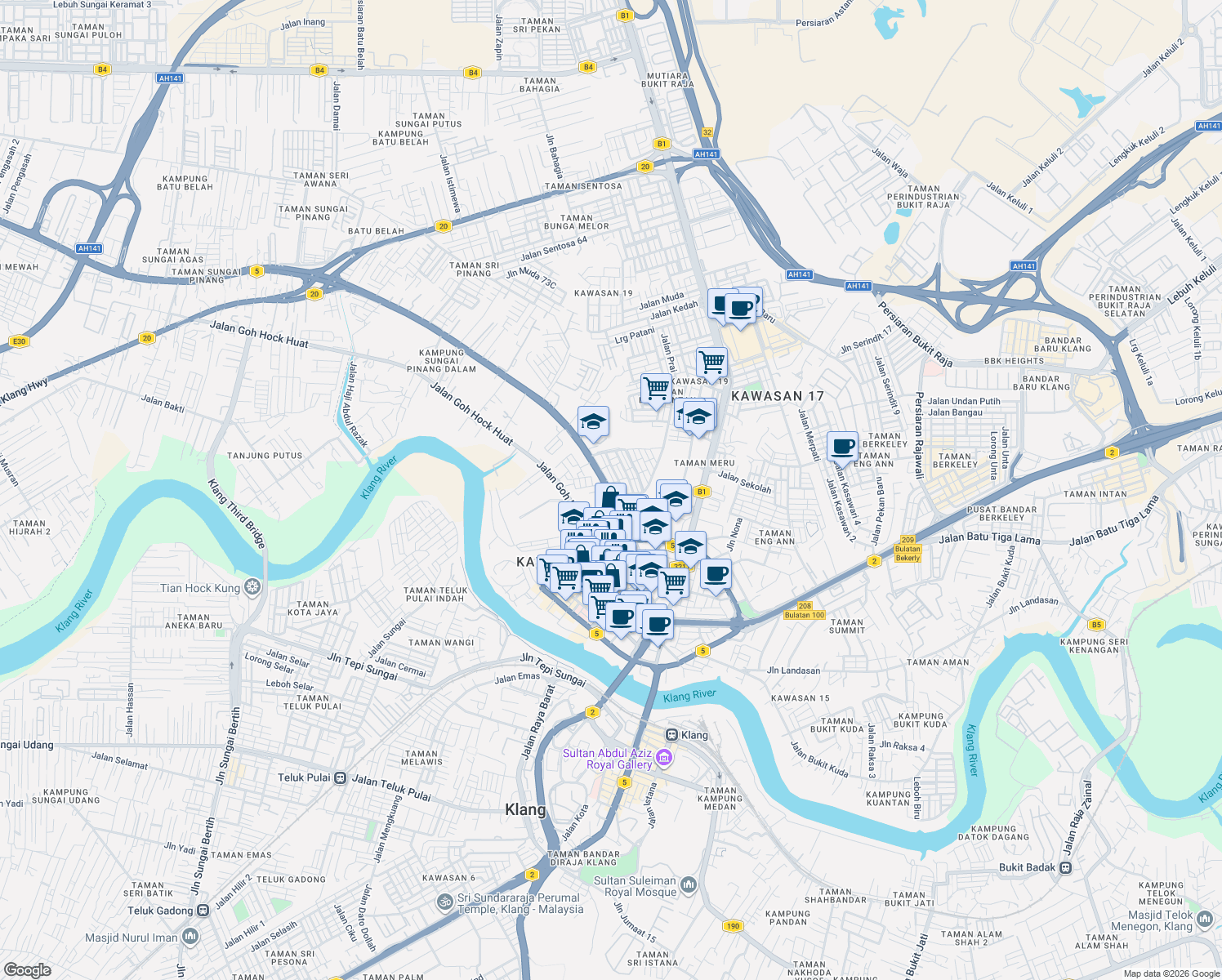 map of restaurants, bars, coffee shops, grocery stores, and more near Jalan Kapar in Klang