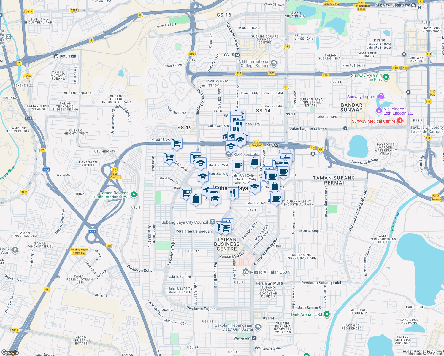 map of restaurants, bars, coffee shops, grocery stores, and more near Jalan USJ 2/5k in Subang Jaya