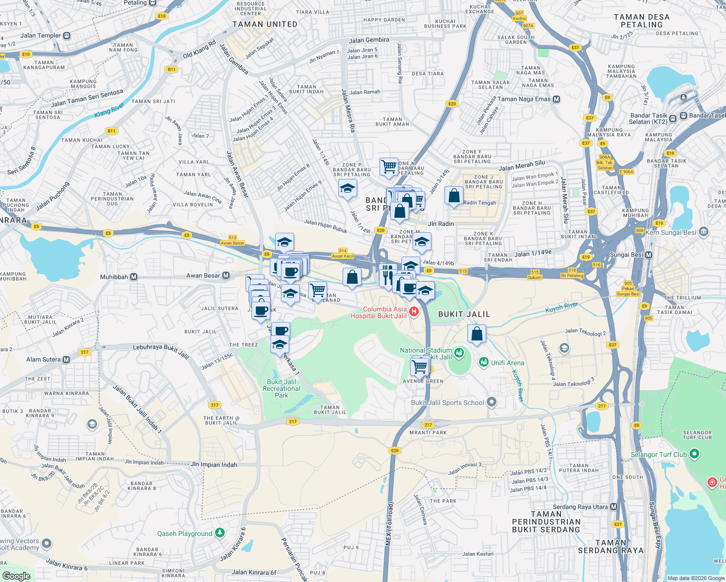 map of restaurants, bars, coffee shops, grocery stores, and more near Jalan Jalil Perkasa 19 in Kuala Lumpur