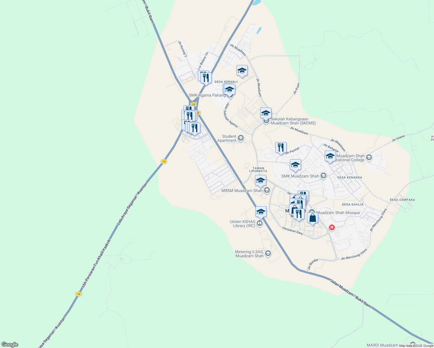 map of restaurants, bars, coffee shops, grocery stores, and more near 51 Jalan Setiajasa 3 in Muadzam Shah