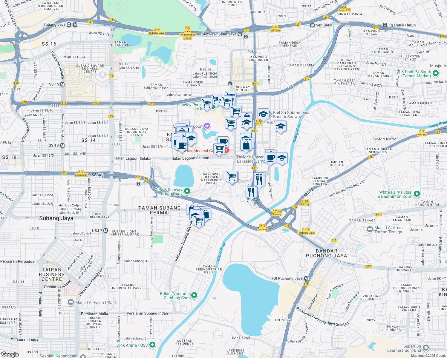 map of restaurants, bars, coffee shops, grocery stores, and more near Persiaran Tasik Timur in Petaling Jaya