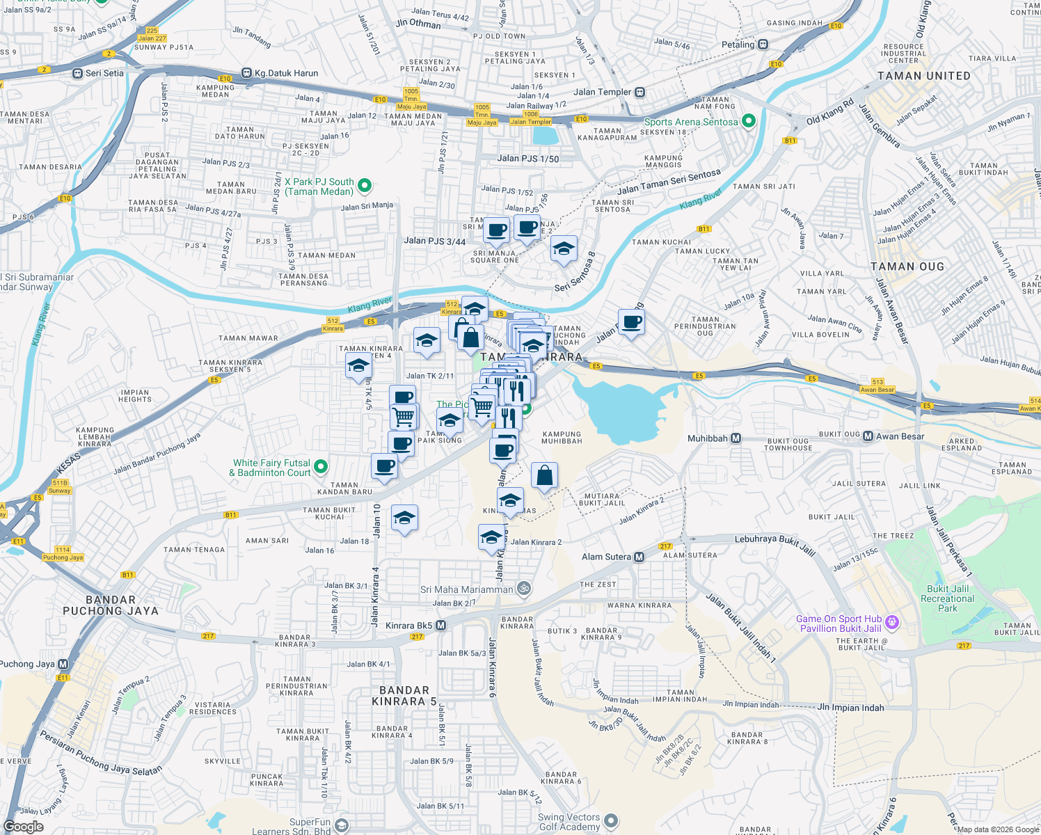 map of restaurants, bars, coffee shops, grocery stores, and more near Jalan Puchong Mesra 2 in Kuala Lumpur