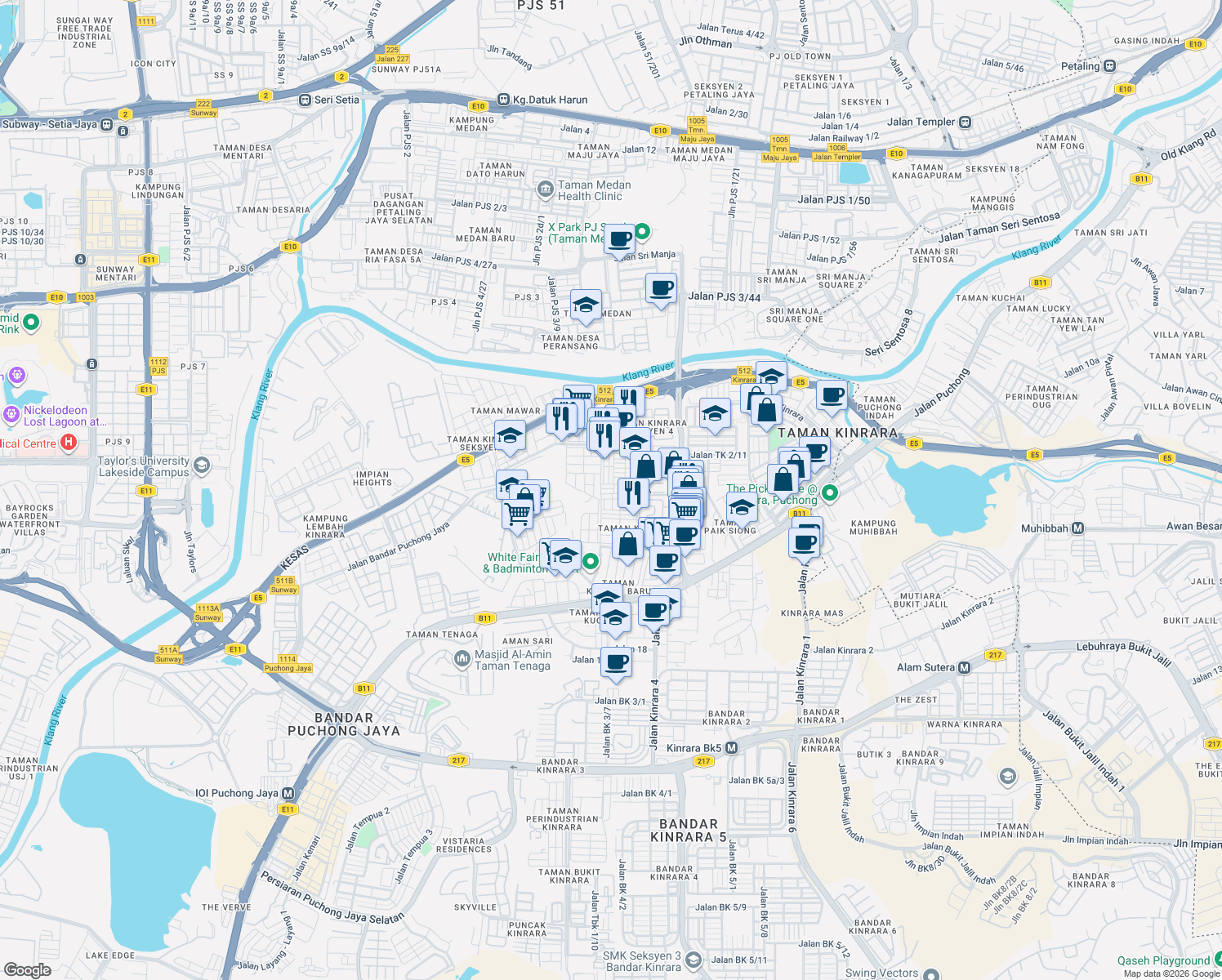 map of restaurants, bars, coffee shops, grocery stores, and more near 13 Jalan TK 4/2 in Puchong