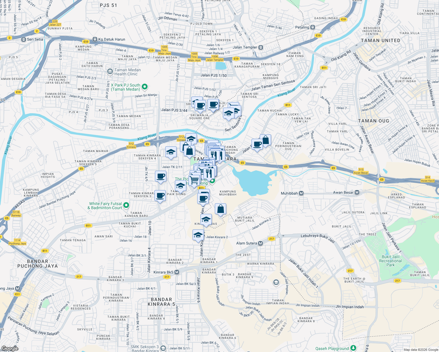 map of restaurants, bars, coffee shops, grocery stores, and more near 8 Jalan Puchong Mesra 1 in Kuala Lumpur
