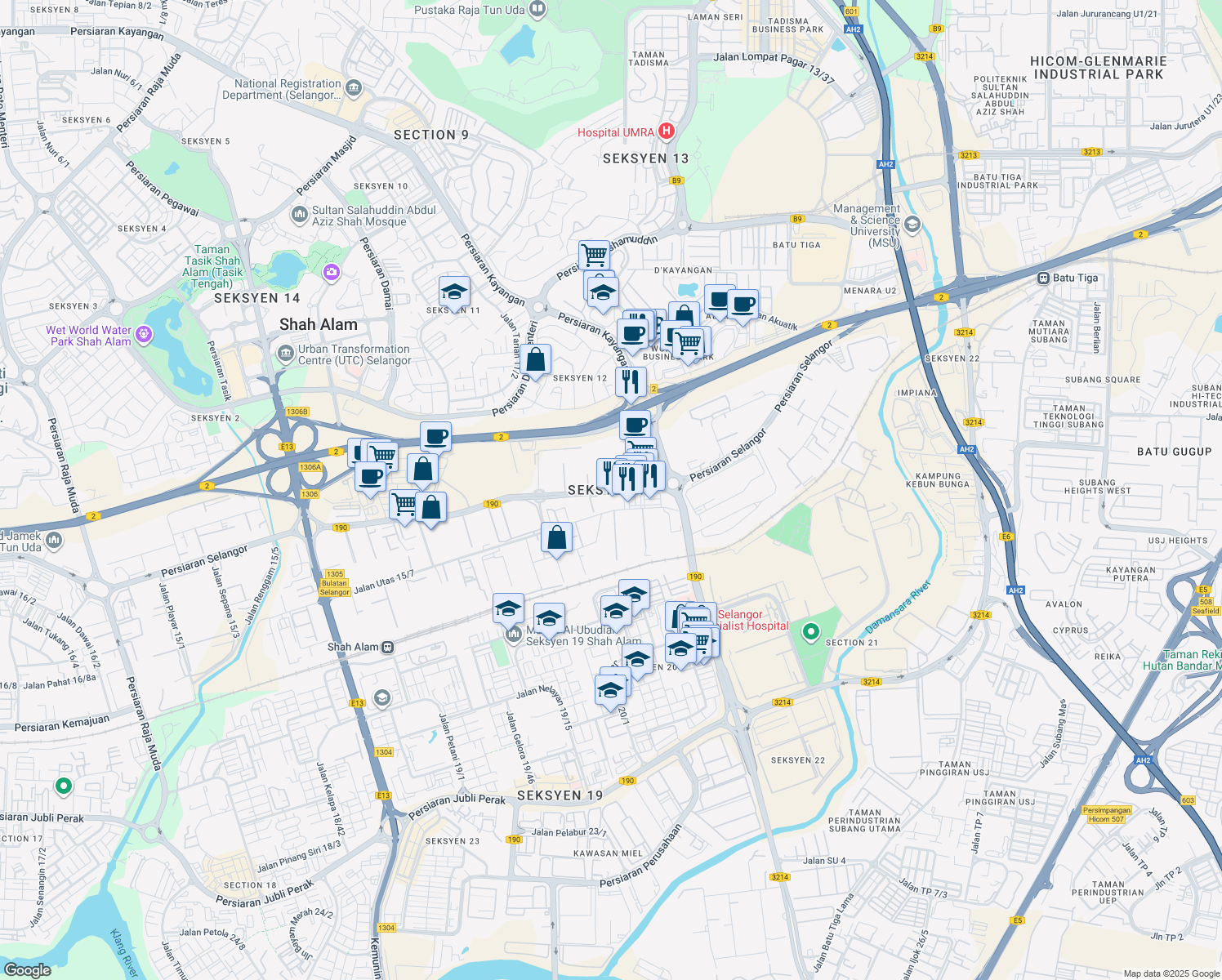 map of restaurants, bars, coffee shops, grocery stores, and more near in Shah Alam
