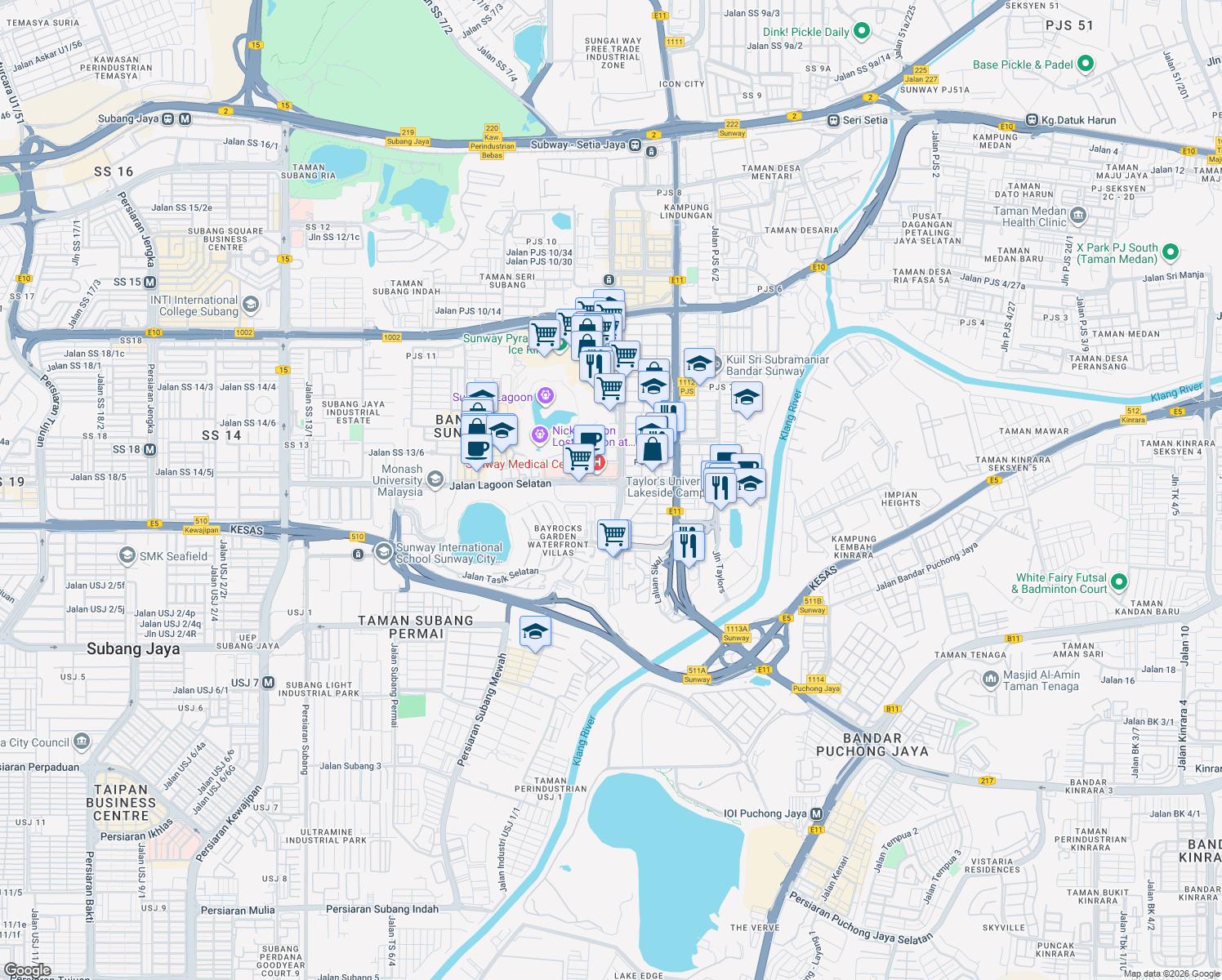 map of restaurants, bars, coffee shops, grocery stores, and more near 2 Jalan Lagoon Selatan in Subang Jaya