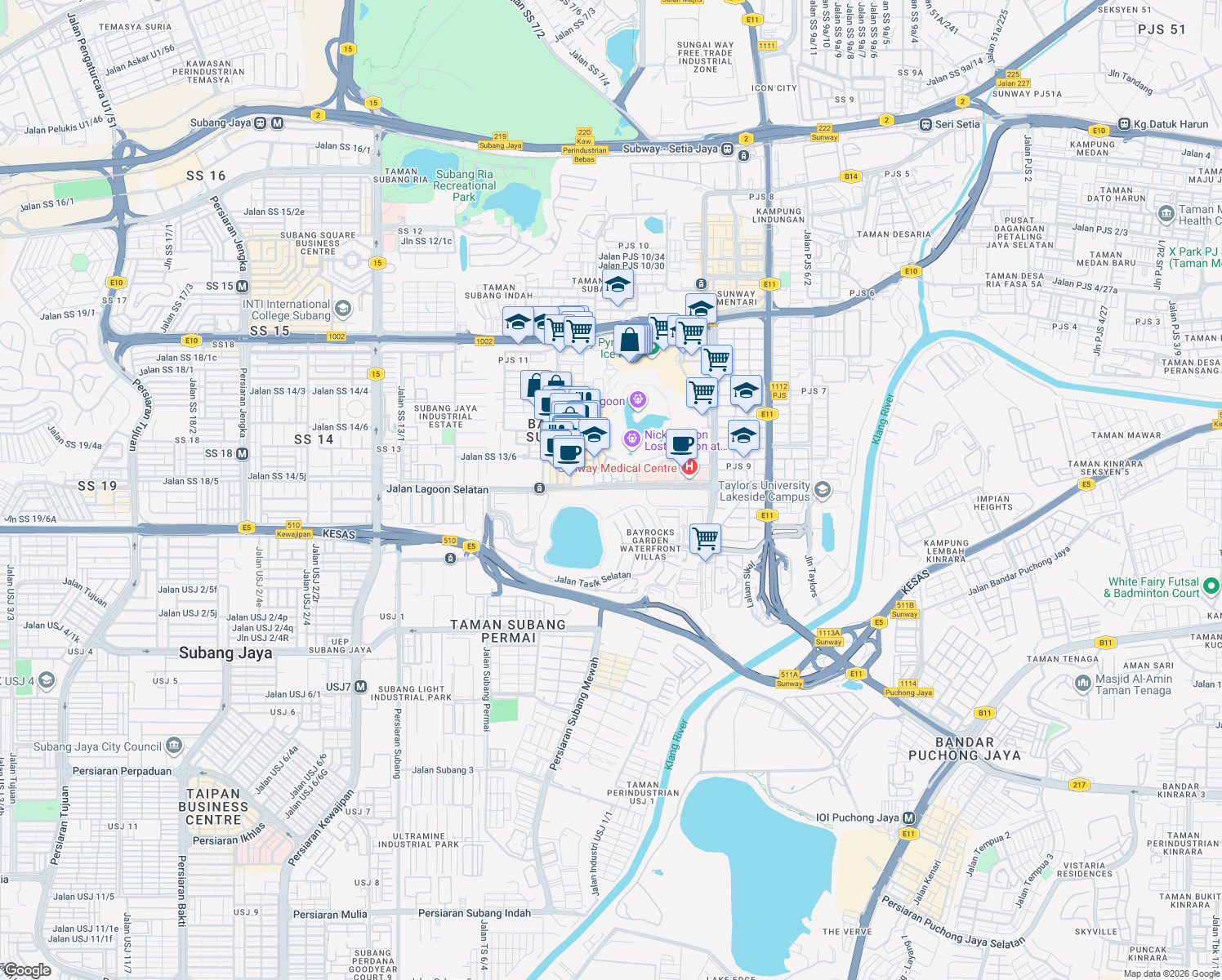 map of restaurants, bars, coffee shops, grocery stores, and more near Jalan Lagoon Selatan in Subang Jaya
