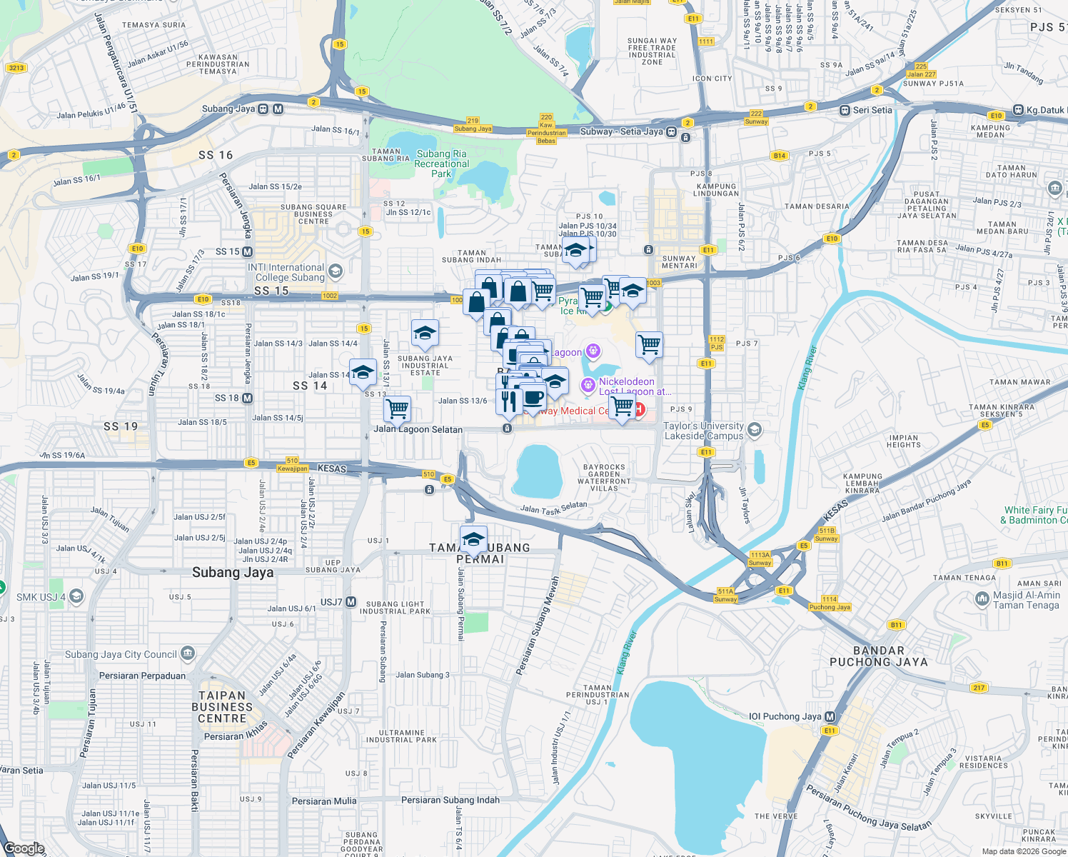 map of restaurants, bars, coffee shops, grocery stores, and more near Jalan Lagoon Selatan in Subang Jaya
