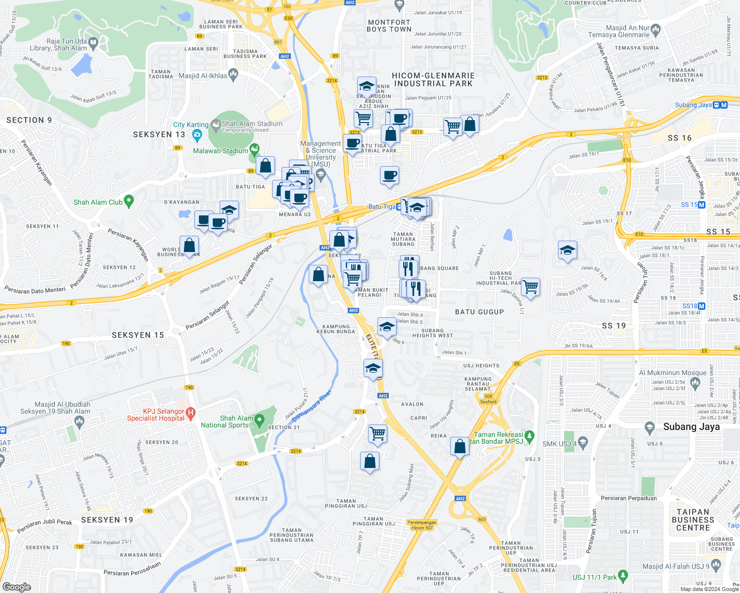 map of restaurants, bars, coffee shops, grocery stores, and more near 36 Jalan Tbp 2 in Subang Jaya