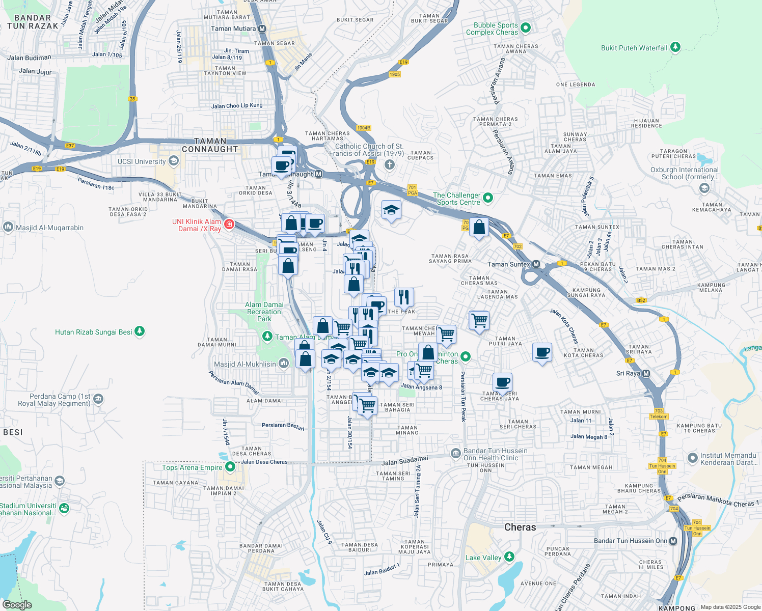 map of restaurants, bars, coffee shops, grocery stores, and more near 1 Jalan Bukit Prima 2d in Cheras
