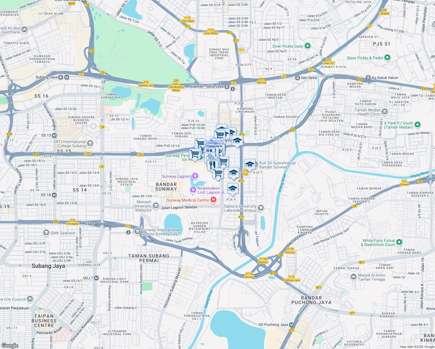 map of restaurants, bars, coffee shops, grocery stores, and more near Persiaran Lagoon in Petaling Jaya