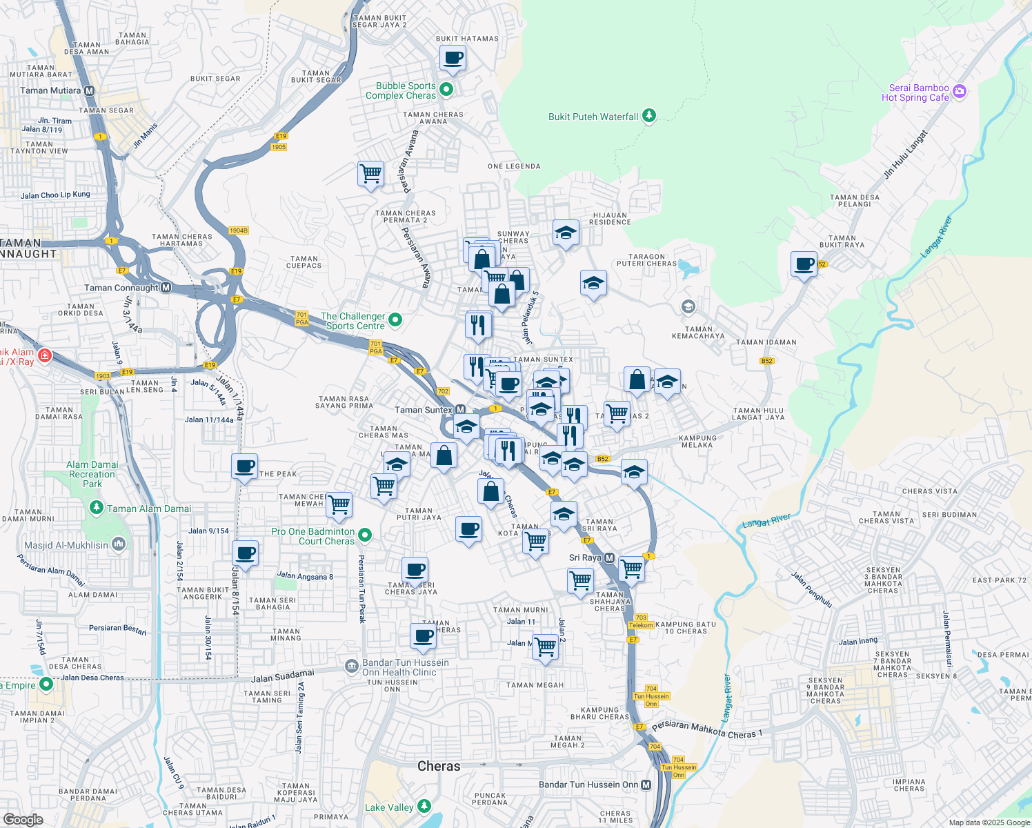 map of restaurants, bars, coffee shops, grocery stores, and more near Jalan Taman Suntex in Batu 9 Cheras