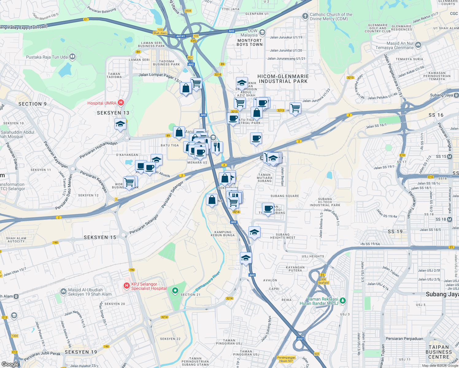 map of restaurants, bars, coffee shops, grocery stores, and more near 46a Jalan Jubli Perak 22/1 in Shah Alam
