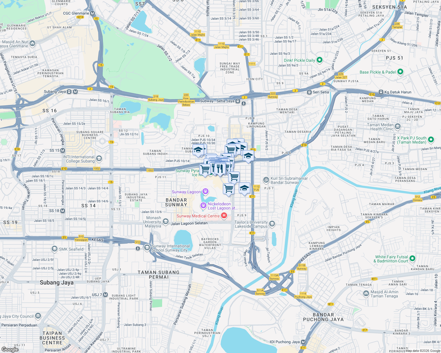 map of restaurants, bars, coffee shops, grocery stores, and more near Persiaran Lagoon in Petaling Jaya