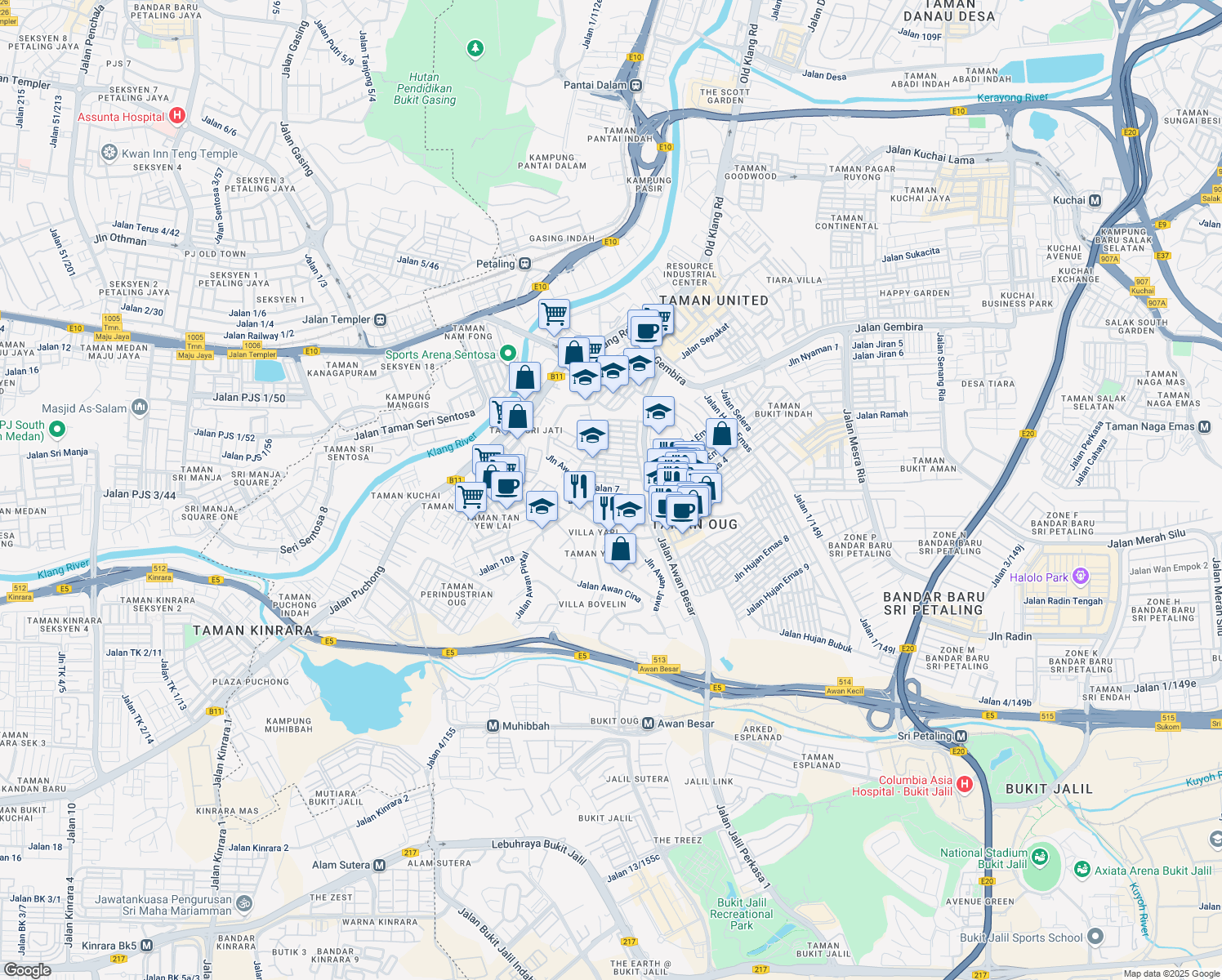 map of restaurants, bars, coffee shops, grocery stores, and more near 95 Jalan 7 in Kuala Lumpur
