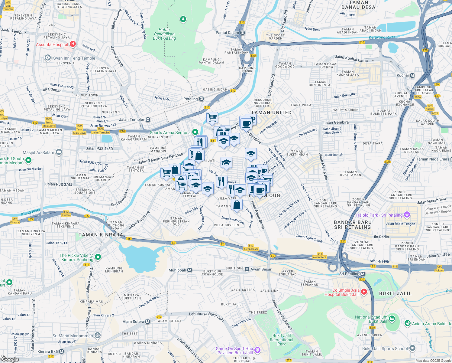 map of restaurants, bars, coffee shops, grocery stores, and more near 95 Jalan 7 in Kuala Lumpur
