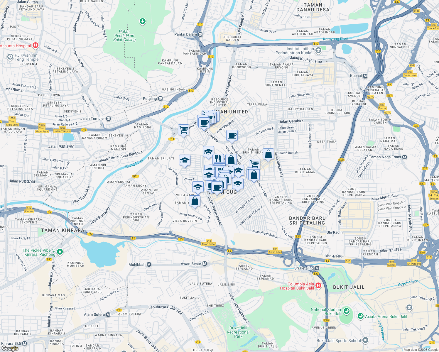 map of restaurants, bars, coffee shops, grocery stores, and more near 3 Jalan Hujan Rahmat in Kuala Lumpur