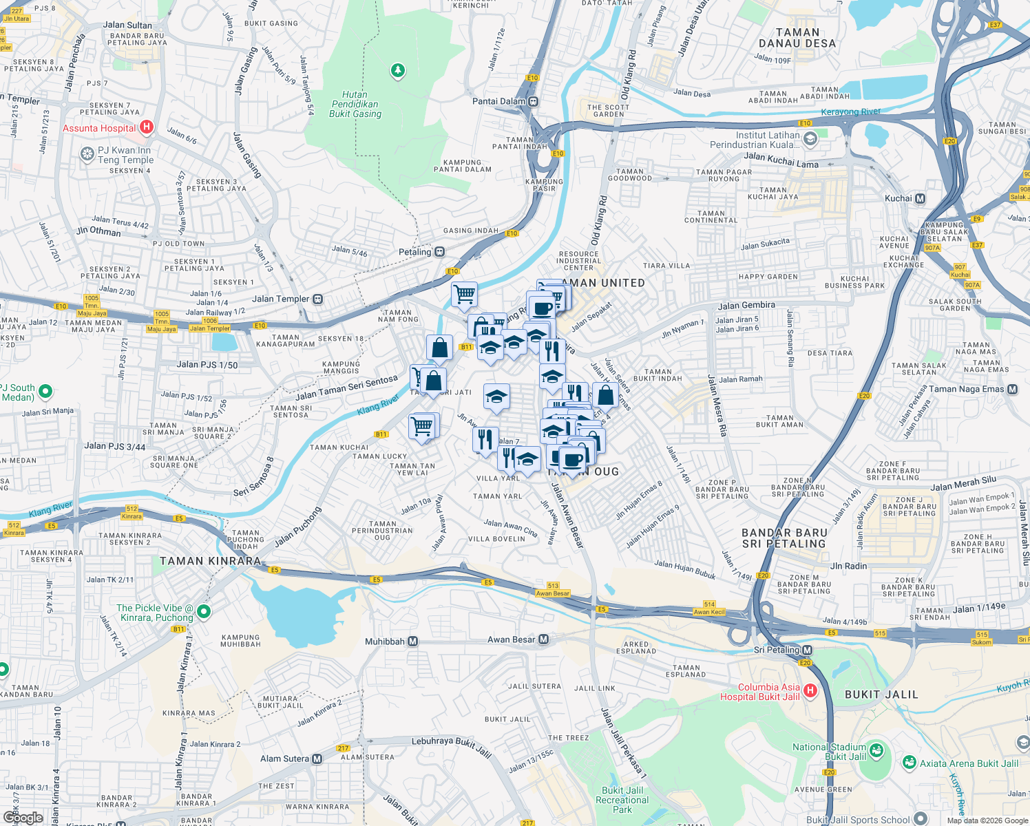 map of restaurants, bars, coffee shops, grocery stores, and more near Jalan Awan Kecil 3 in Kuala Lumpur