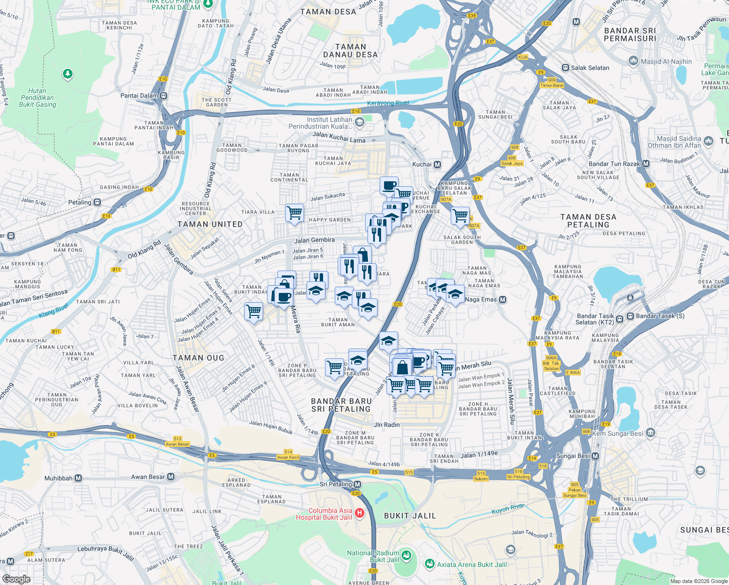 map of restaurants, bars, coffee shops, grocery stores, and more near 8 Jalan Selesaria 3 in Kuala Lumpur