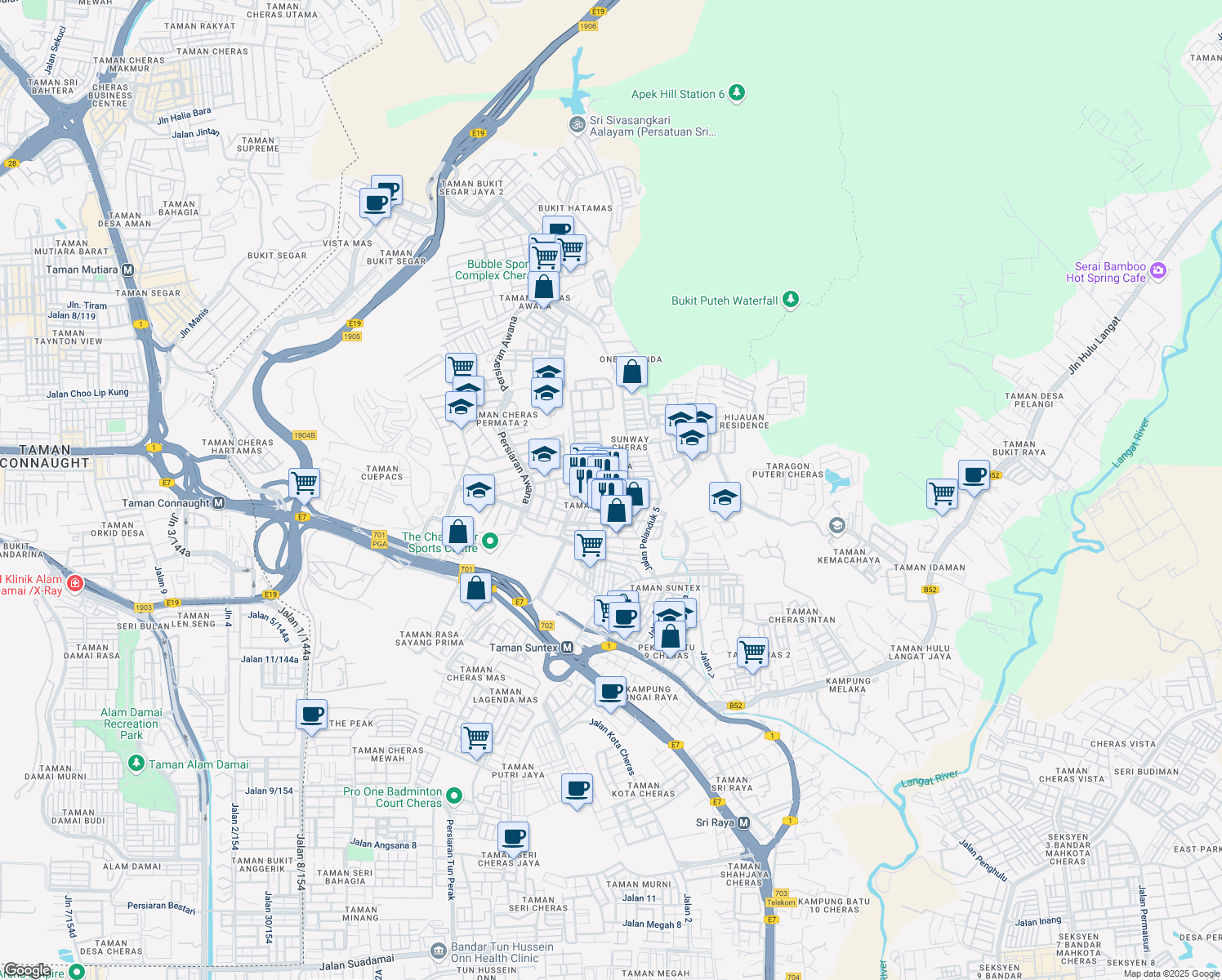 map of restaurants, bars, coffee shops, grocery stores, and more near Jalan Alam Jaya 21 in Cheras