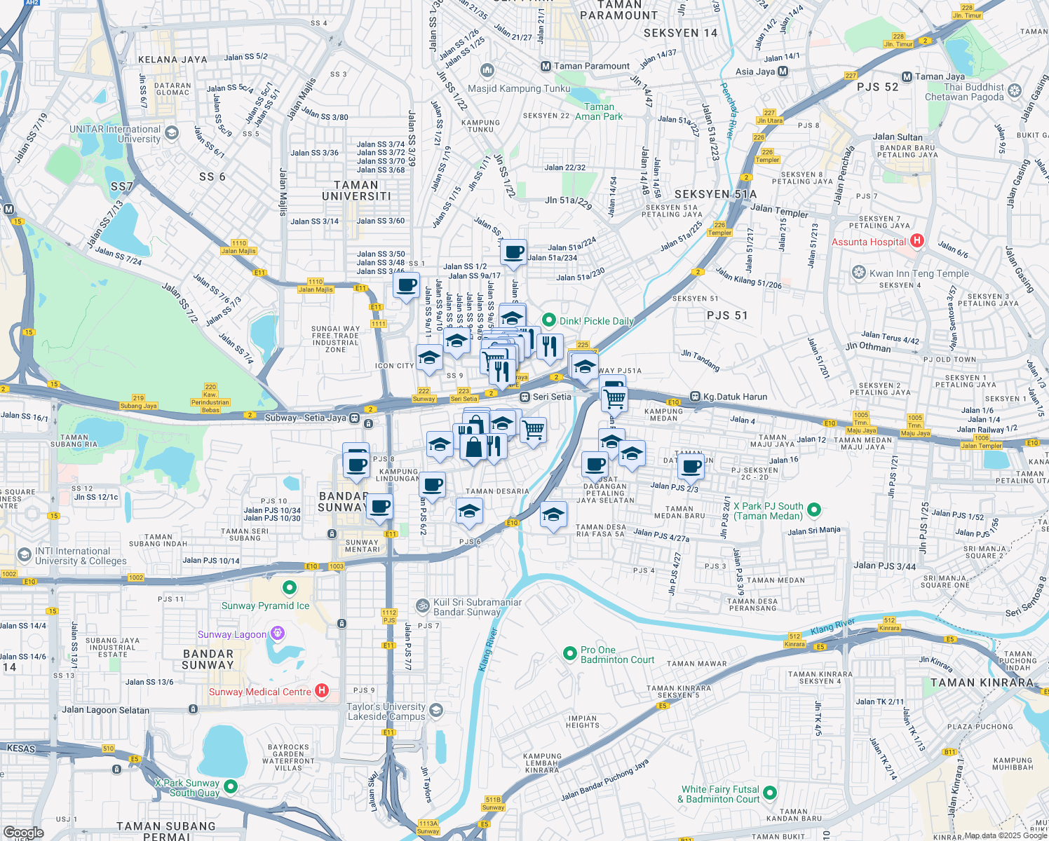 map of restaurants, bars, coffee shops, grocery stores, and more near 99 Jalan Klang Lama in Petaling Jaya