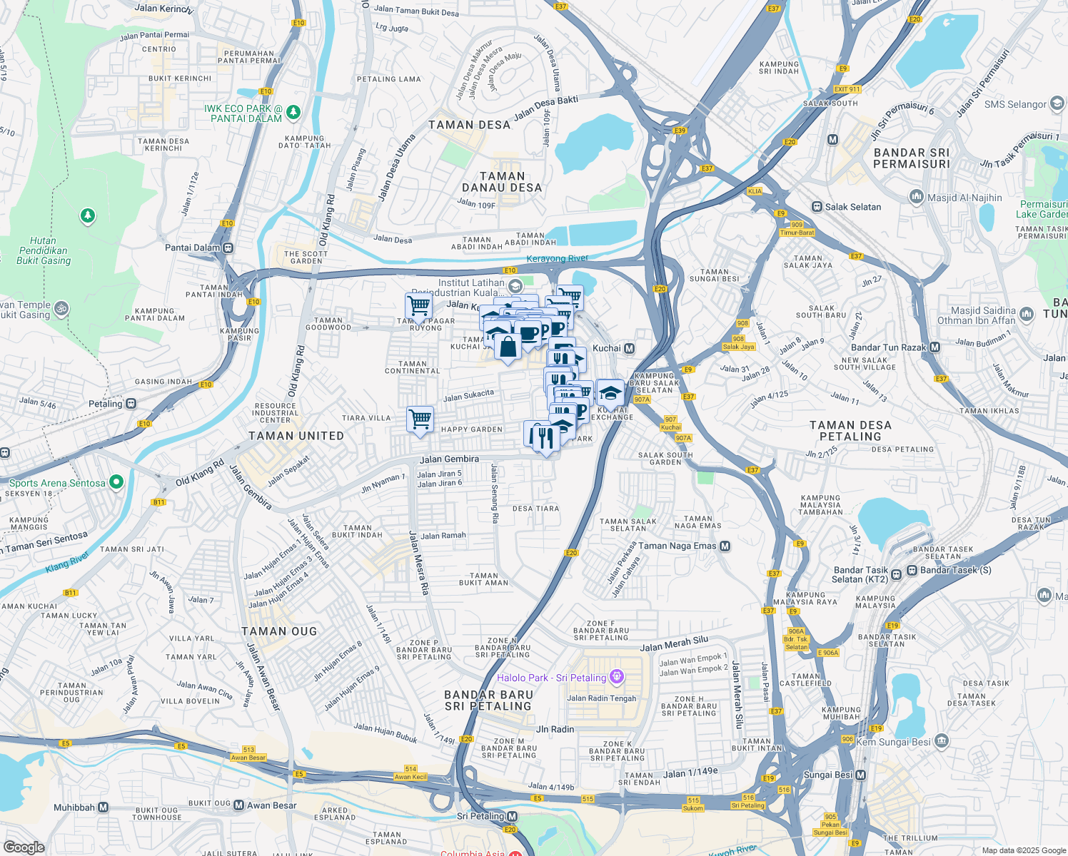 map of restaurants, bars, coffee shops, grocery stores, and more near 3109 Jalan Riang in Kuala Lumpur