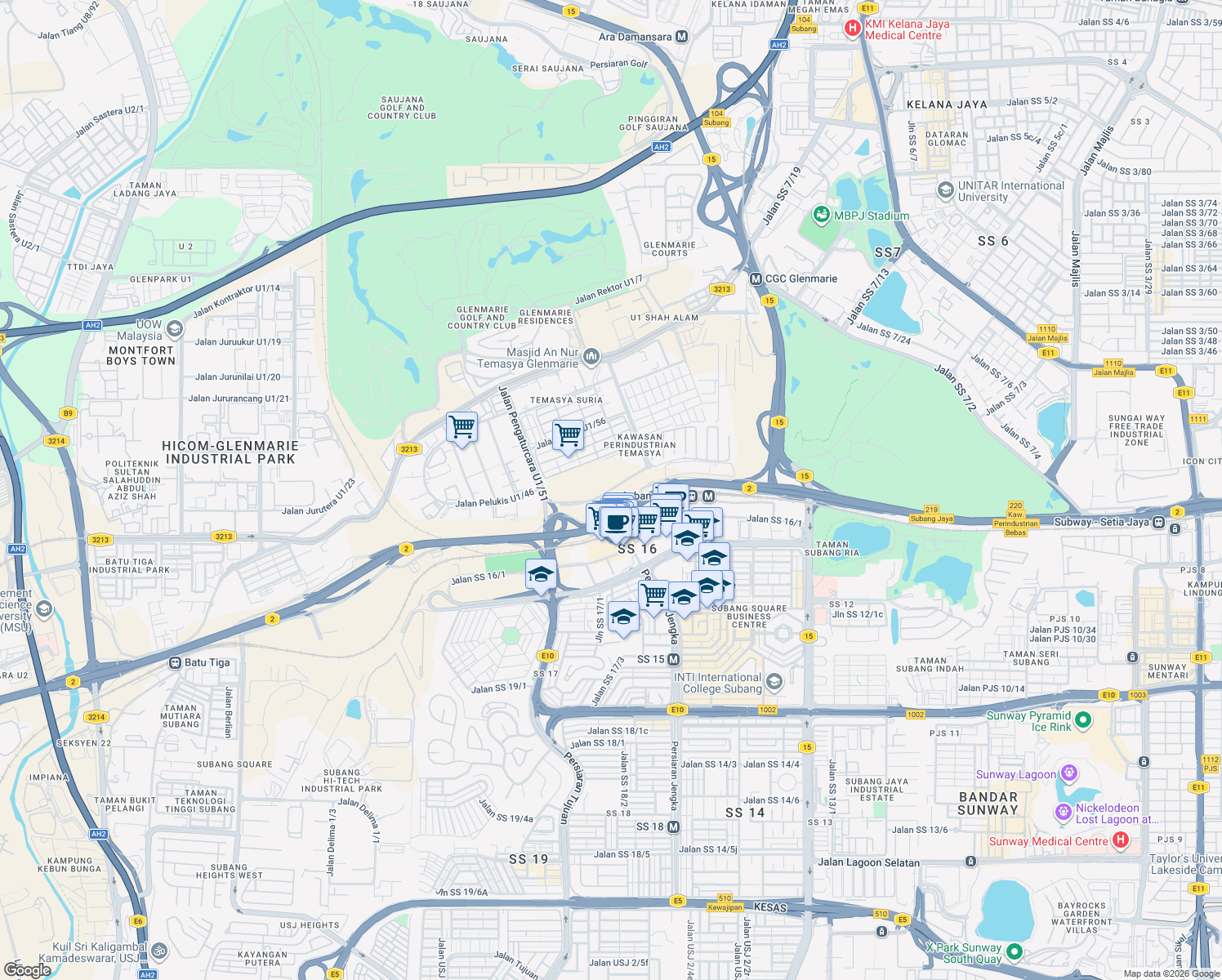 map of restaurants, bars, coffee shops, grocery stores, and more near Jalan Pengaturcara U1/51 in Shah Alam