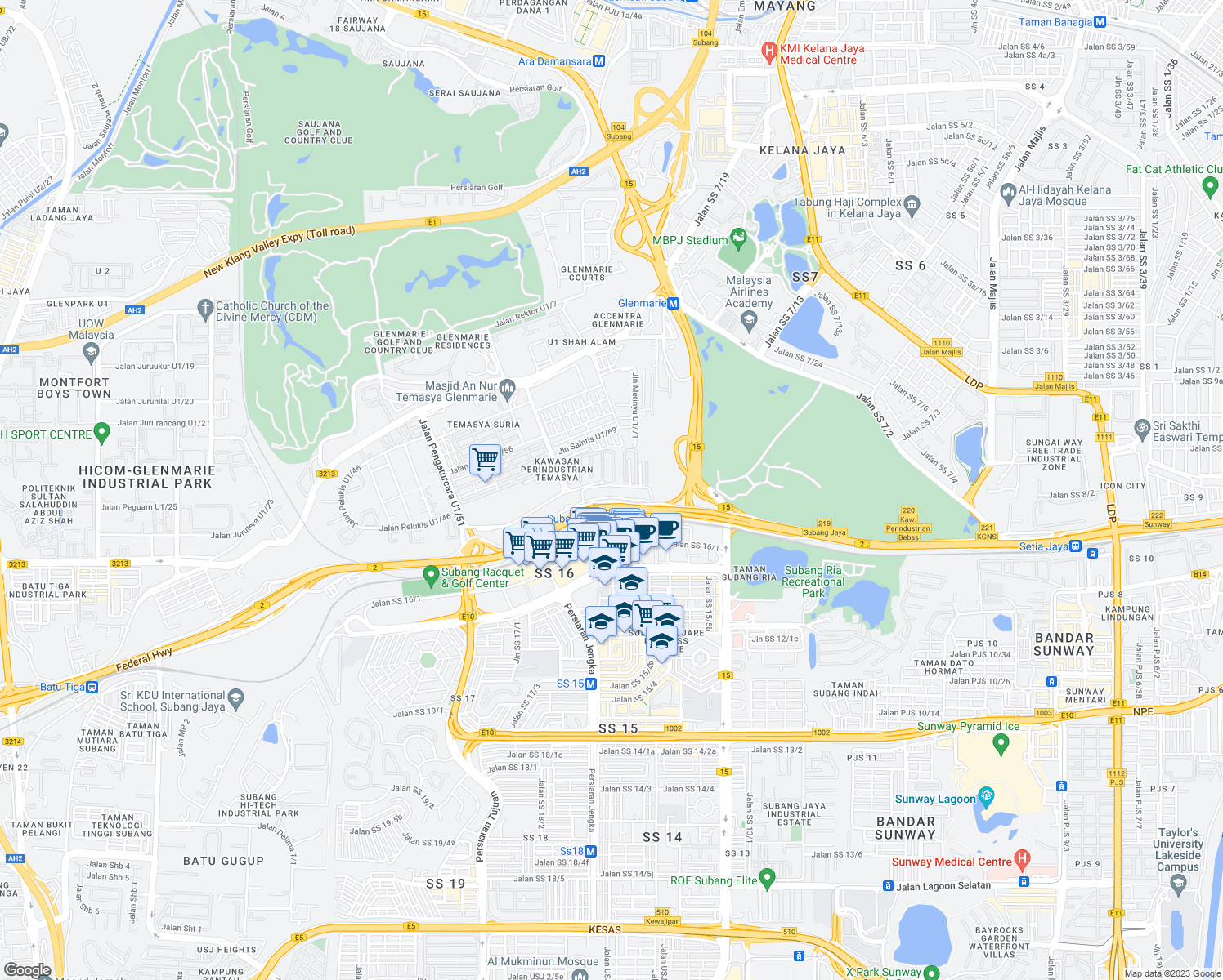 map of restaurants, bars, coffee shops, grocery stores, and more near Jalan Pengaturcara U1/51 in Shah Alam
