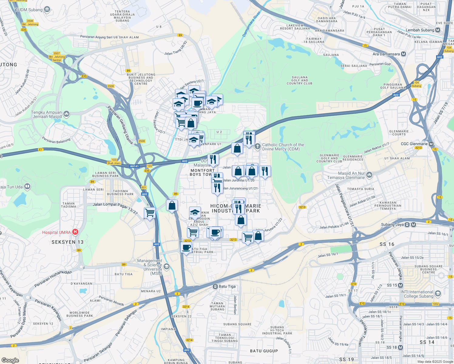 map of restaurants, bars, coffee shops, grocery stores, and more near 5 Jalan Jurunilai U1/20 in Shah Alam