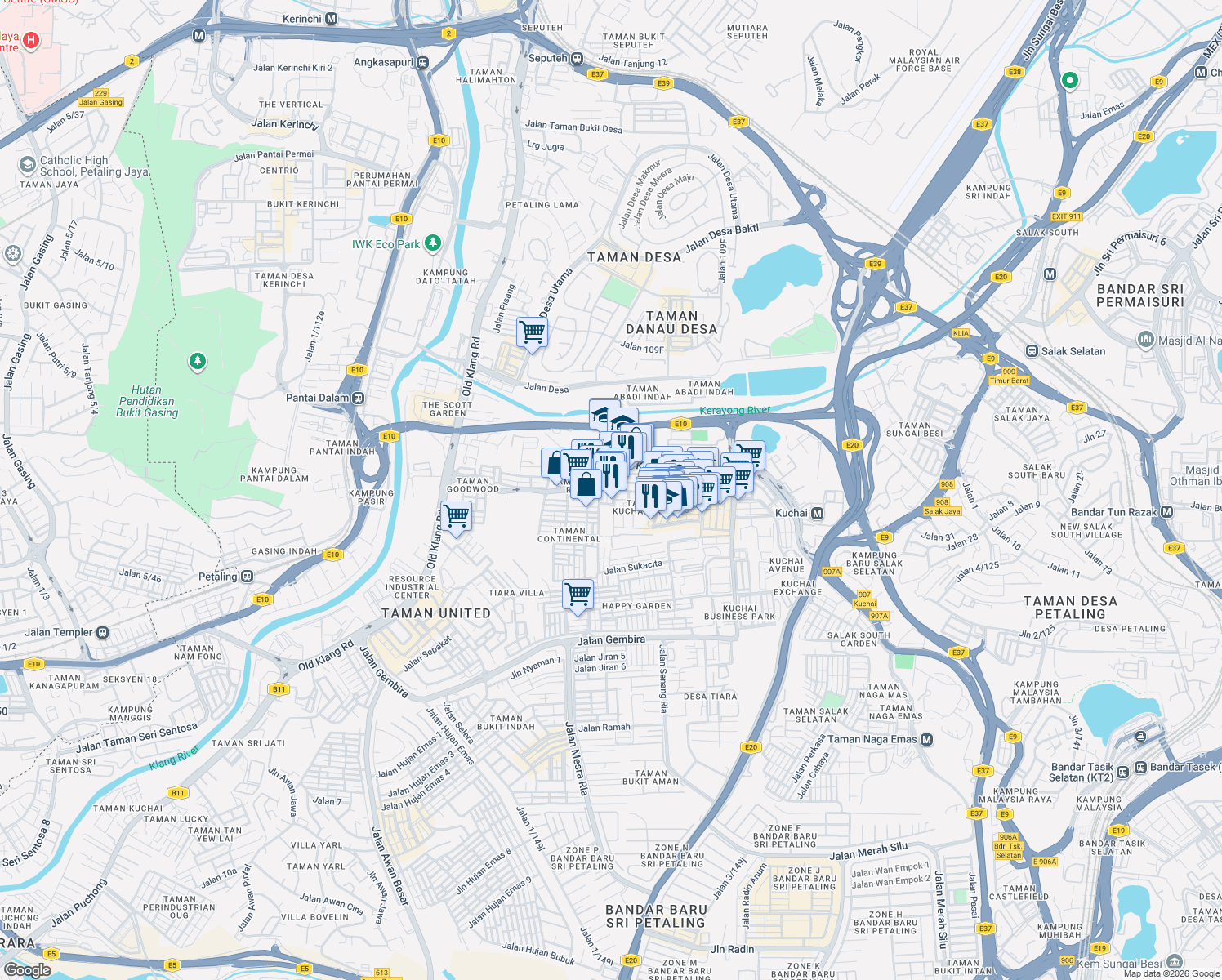 map of restaurants, bars, coffee shops, grocery stores, and more near 10 Jalan Kuchai Jaya in Kuala Lumpur
