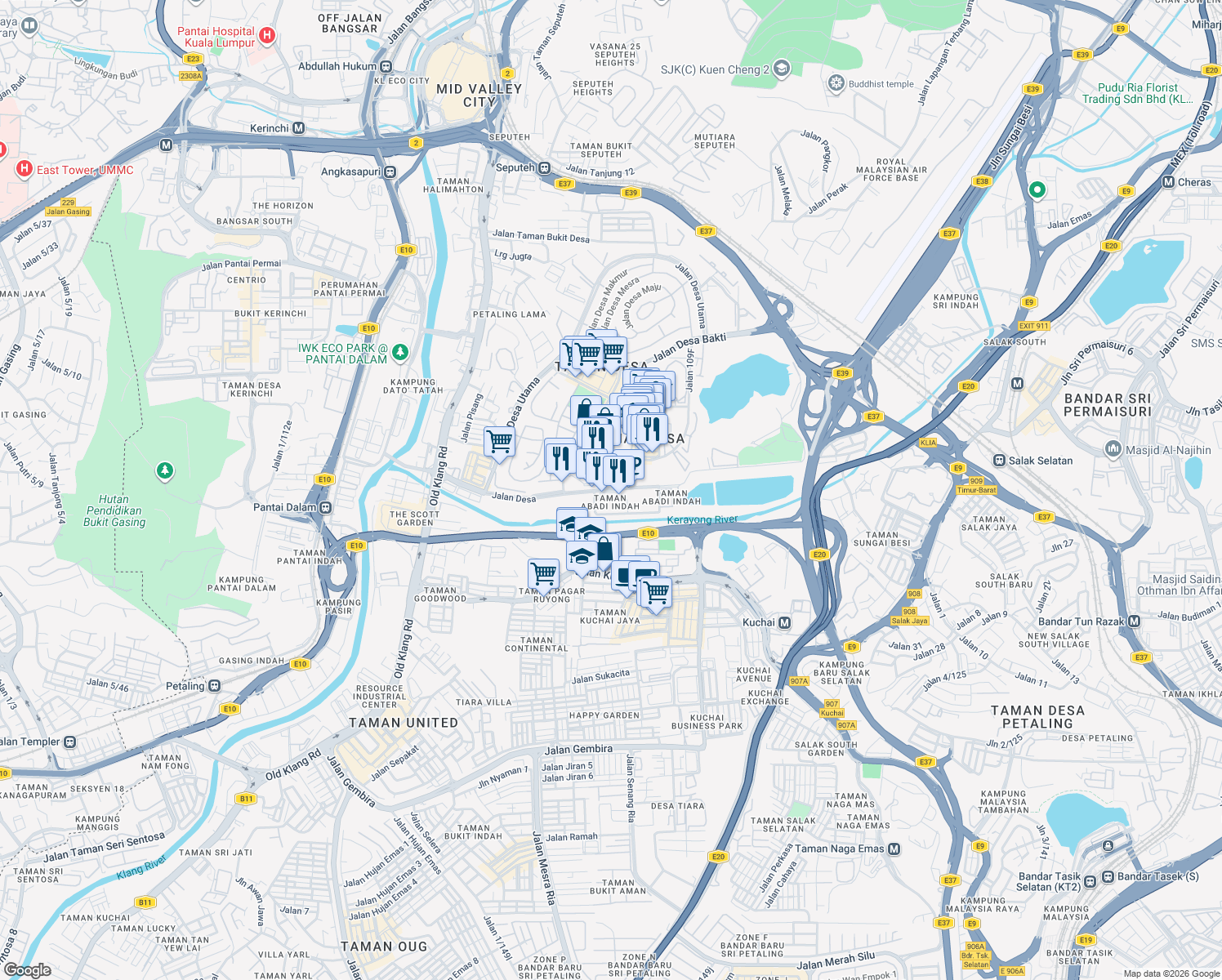 map of restaurants, bars, coffee shops, grocery stores, and more near Jalan Desa in Kuala Lumpur