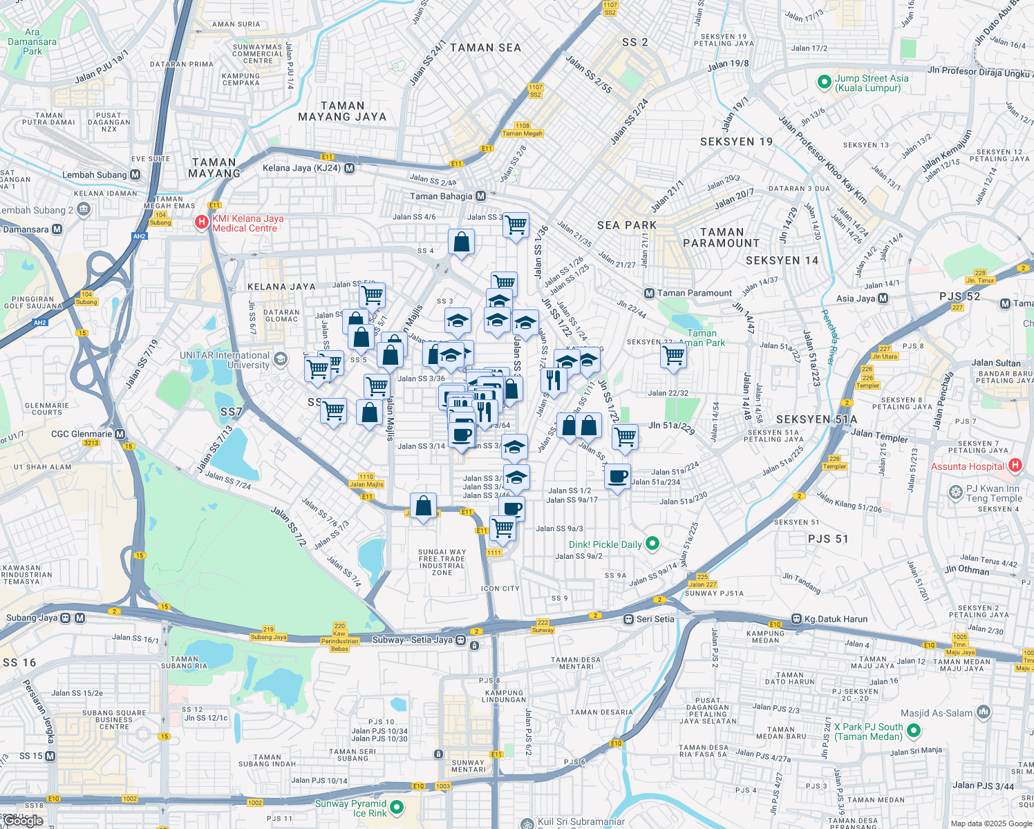map of restaurants, bars, coffee shops, grocery stores, and more near Jalan SS 3/39 in Petaling Jaya