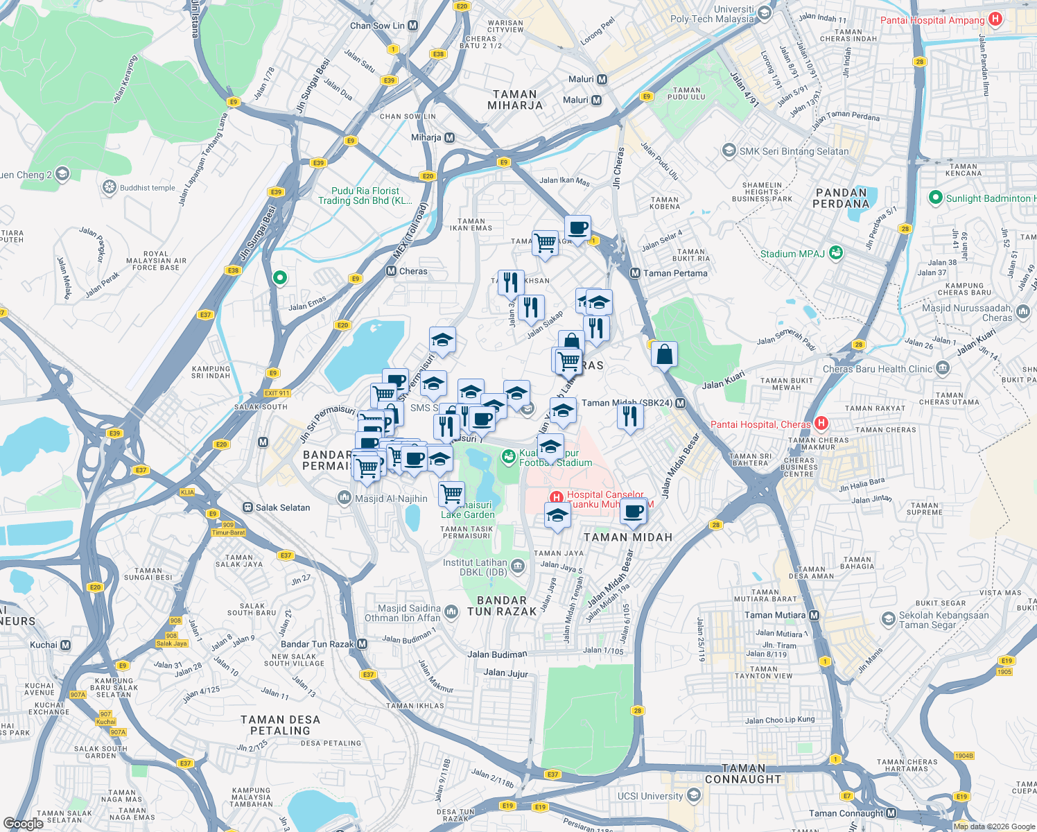 map of restaurants, bars, coffee shops, grocery stores, and more near Jalan Yaacob Latif in Kuala Lumpur