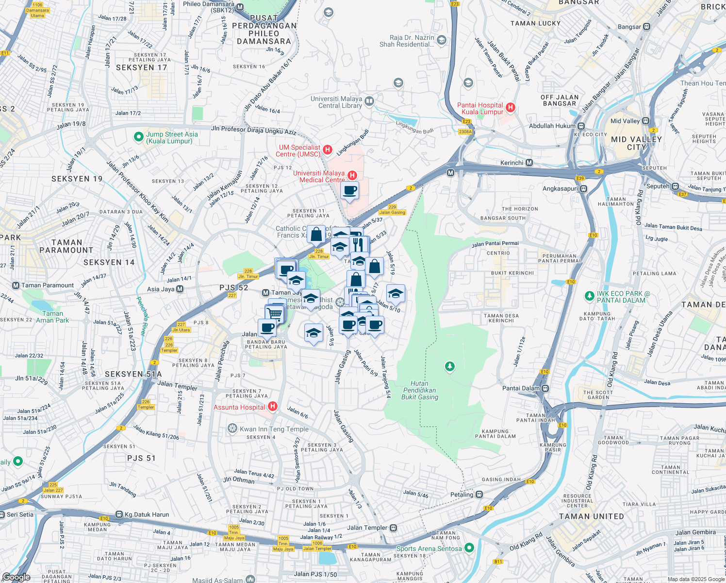 map of restaurants, bars, coffee shops, grocery stores, and more near 112 Jalan Gasing in Petaling Jaya