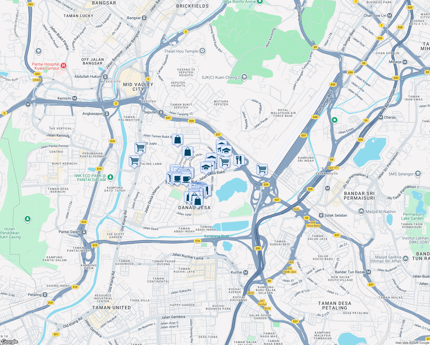 map of restaurants, bars, coffee shops, grocery stores, and more near Jalan Desa Bakti in Kuala Lumpur